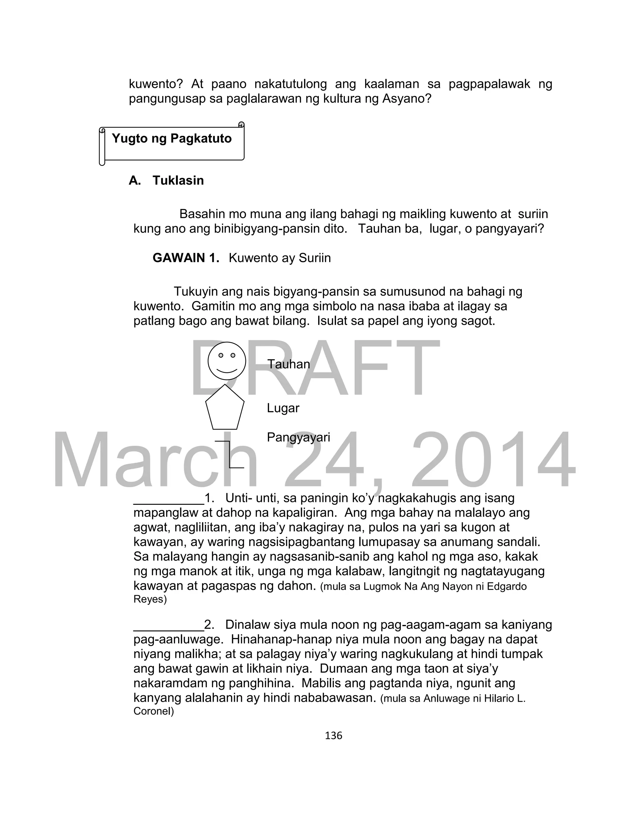 DRAFT
March 24, 2014
136
kuwento? At paano nakatutulong ang kaalaman sa pagpapalawak ng
pangungusap sa paglalarawan ng kultura ng Asyano?
A. Tuklasin
Basahin mo muna ang ilang bahagi ng maikling kuwento at suriin
kung ano ang binibigyang-pansin dito. Tauhan ba, lugar, o pangyayari?
GAWAIN 1. Kuwento ay Suriin
Tukuyin ang nais bigyang-pansin sa sumusunod na bahagi ng
kuwento. Gamitin mo ang mga simbolo na nasa ibaba at ilagay sa
patlang bago ang bawat bilang. Isulat sa papel ang iyong sagot.
Tauhan
Lugar
Pangyayari
__________1. Unti- unti, sa paningin ko’y nagkakahugis ang isang
mapanglaw at dahop na kapaligiran. Ang mga bahay na malalayo ang
agwat, nagliliitan, ang iba’y nakagiray na, pulos na yari sa kugon at
kawayan, ay waring nagsisipagbantang lumupasay sa anumang sandali.
Sa malayang hangin ay nagsasanib-sanib ang kahol ng mga aso, kakak
ng mga manok at itik, unga ng mga kalabaw, langitngit ng nagtatayugang
kawayan at pagaspas ng dahon. (mula sa Lugmok Na Ang Nayon ni Edgardo
Reyes)
__________2. Dinalaw siya mula noon ng pag-aagam-agam sa kaniyang
pag-aanluwage. Hinahanap-hanap niya mula noon ang bagay na dapat
niyang malikha; at sa palagay niya’y waring nagkukulang at hindi tumpak
ang bawat gawin at likhain niya. Dumaan ang mga taon at siya’y
nakaramdam ng panghihina. Mabilis ang pagtanda niya, ngunit ang
kanyang alalahanin ay hindi nababawasan. (mula sa Anluwage ni Hilario L.
Coronel)
Yugto ng Pagkatuto
 