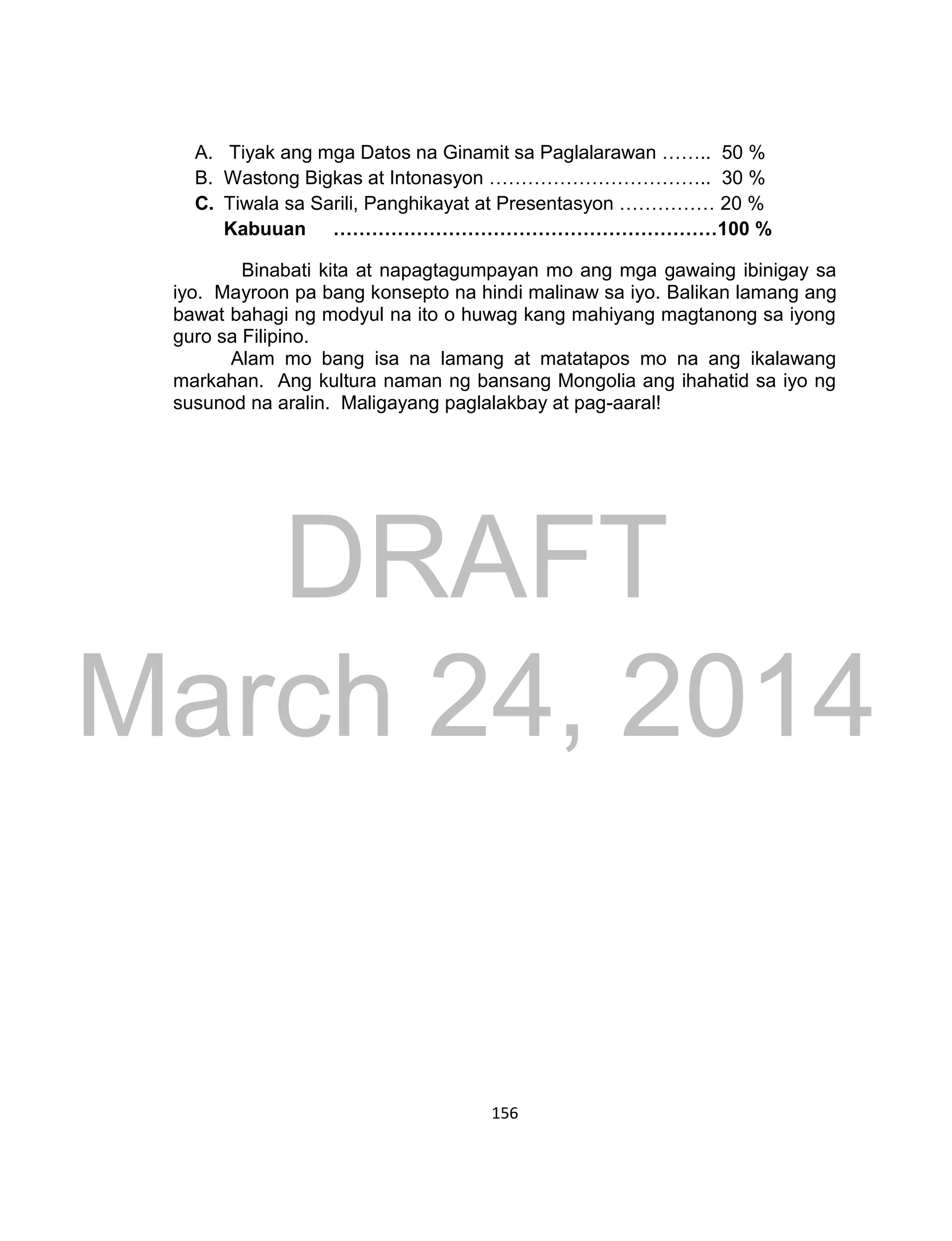 DRAFT
March 24, 2014
156
A. Tiyak ang mga Datos na Ginamit sa Paglalarawan …….. 50 %
B. Wastong Bigkas at Intonasyon …………………………….. 30 %
C. Tiwala sa Sarili, Panghikayat at Presentasyon …………… 20 %
Kabuuan ……………………………………………………100 %
Binabati kita at napagtagumpayan mo ang mga gawaing ibinigay sa
iyo. Mayroon pa bang konsepto na hindi malinaw sa iyo. Balikan lamang ang
bawat bahagi ng modyul na ito o huwag kang mahiyang magtanong sa iyong
guro sa Filipino.
Alam mo bang isa na lamang at matatapos mo na ang ikalawang
markahan. Ang kultura naman ng bansang Mongolia ang ihahatid sa iyo ng
susunod na aralin. Maligayang paglalakbay at pag-aaral!
 
