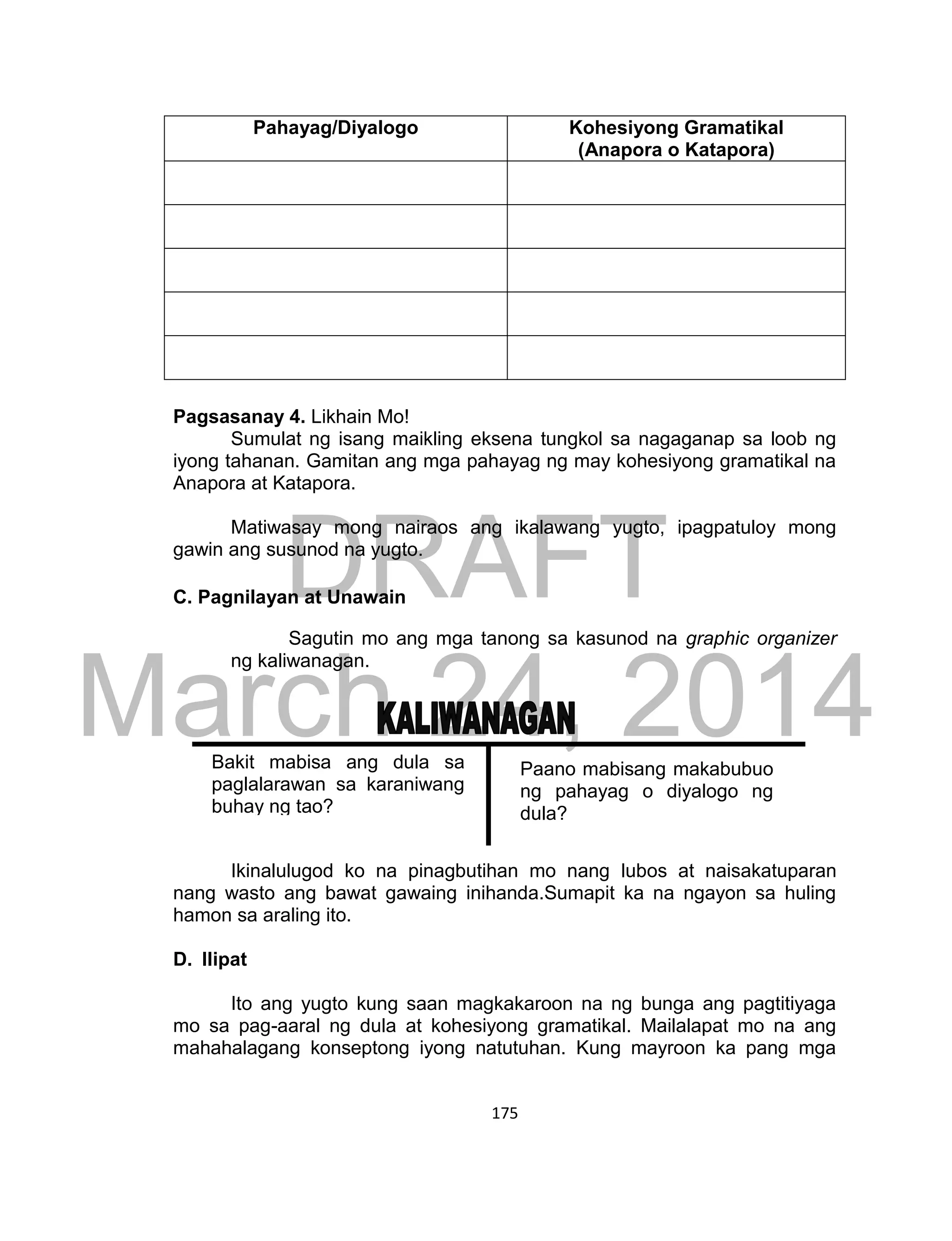 DRAFT
March 24, 2014
175
Pahayag/Diyalogo Kohesiyong Gramatikal
(Anapora o Katapora)
Pagsasanay 4. Likhain Mo!
Sumulat ng isang maikling eksena tungkol sa nagaganap sa loob ng
iyong tahanan. Gamitan ang mga pahayag ng may kohesiyong gramatikal na
Anapora at Katapora.
Matiwasay mong nairaos ang ikalawang yugto, ipagpatuloy mong
gawin ang susunod na yugto.
C. Pagnilayan at Unawain
Sagutin mo ang mga tanong sa kasunod na graphic organizer
ng kaliwanagan.
Ikinalulugod ko na pinagbutihan mo nang lubos at naisakatuparan
nang wasto ang bawat gawaing inihanda.Sumapit ka na ngayon sa huling
hamon sa araling ito.
D. Ilipat
Ito ang yugto kung saan magkakaroon na ng bunga ang pagtitiyaga
mo sa pag-aaral ng dula at kohesiyong gramatikal. Mailalapat mo na ang
mahahalagang konseptong iyong natutuhan. Kung mayroon ka pang mga
Bakit mabisa ang dula sa
paglalarawan sa karaniwang
buhay ng tao?
Paano mabisang makabubuo
ng pahayag o diyalogo ng
dula?
 