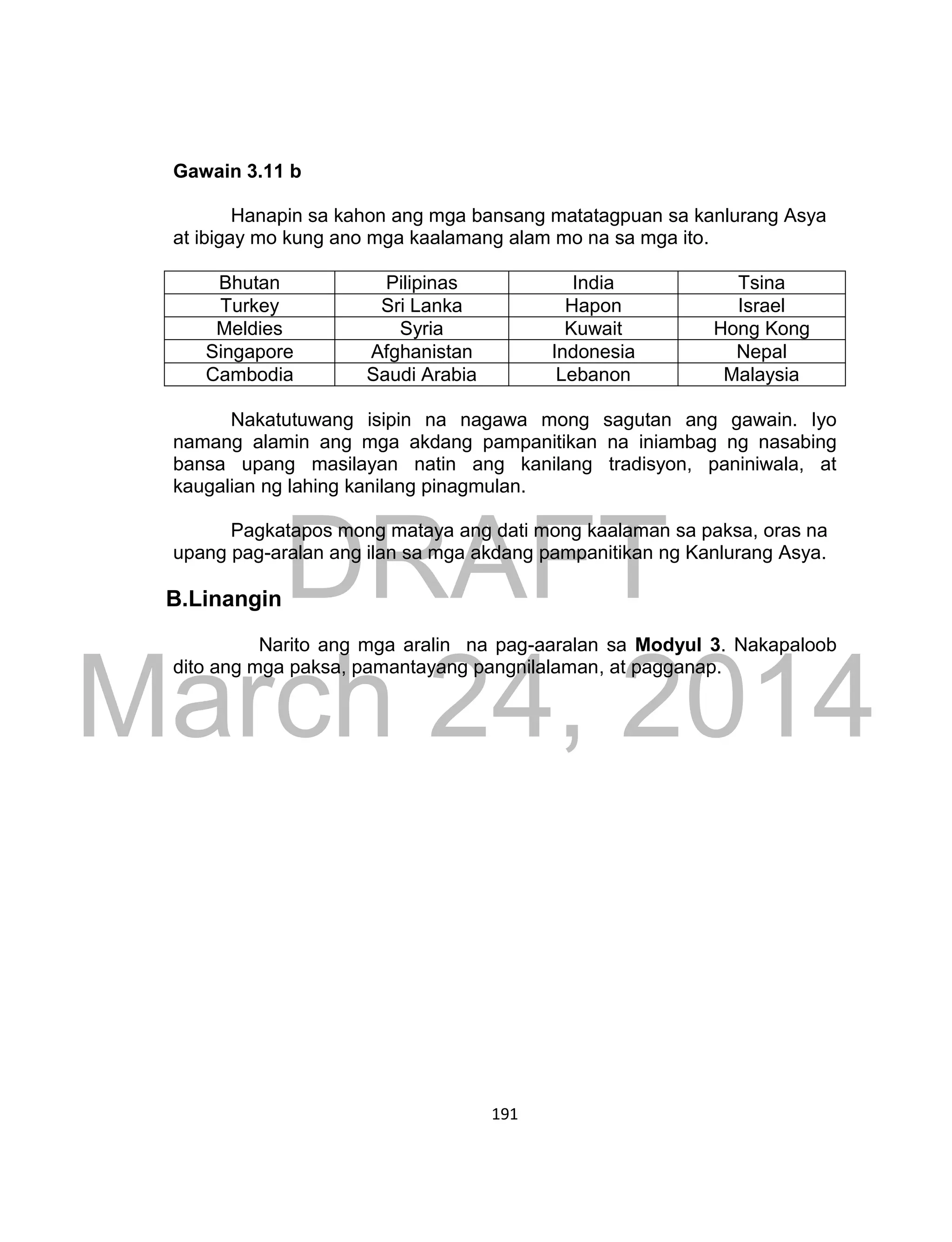 DRAFT
March 24, 2014
191
Gawain 3.11 b
Hanapin sa kahon ang mga bansang matatagpuan sa kanlurang Asya
at ibigay mo kung ano mga kaalamang alam mo na sa mga ito.
Bhutan Pilipinas India Tsina
Turkey Sri Lanka Hapon Israel
Meldies Syria Kuwait Hong Kong
Singapore Afghanistan Indonesia Nepal
Cambodia Saudi Arabia Lebanon Malaysia
Nakatutuwang isipin na nagawa mong sagutan ang gawain. Iyo
namang alamin ang mga akdang pampanitikan na iniambag ng nasabing
bansa upang masilayan natin ang kanilang tradisyon, paniniwala, at
kaugalian ng lahing kanilang pinagmulan.
Pagkatapos mong mataya ang dati mong kaalaman sa paksa, oras na
upang pag-aralan ang ilan sa mga akdang pampanitikan ng Kanlurang Asya.
B.Linangin
Narito ang mga aralin na pag-aaralan sa Modyul 3. Nakapaloob
dito ang mga paksa, pamantayang pangnilalaman, at pagganap.
 