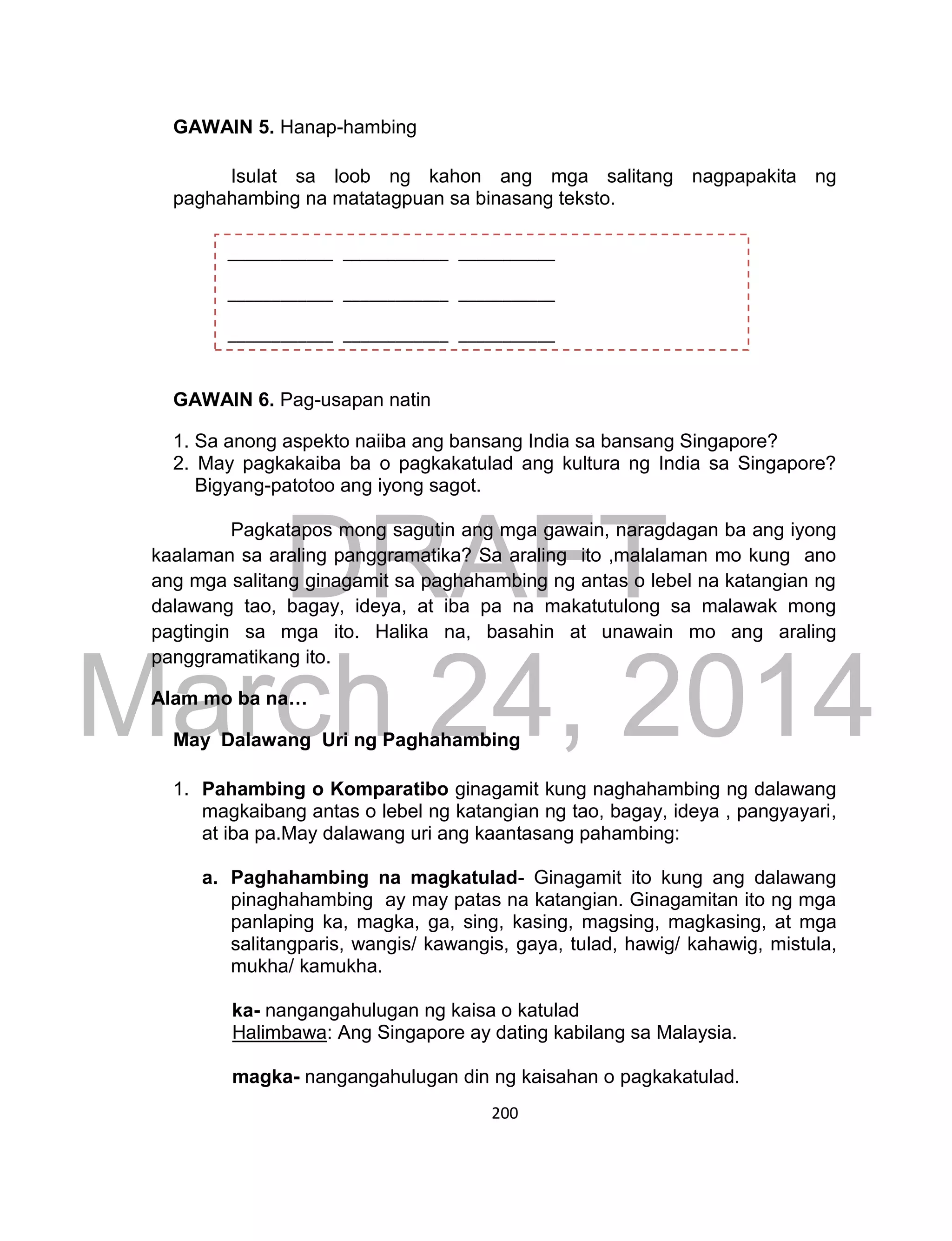 DRAFT
March 24, 2014
200
GAWAIN 5. Hanap-hambing
Isulat sa loob ng kahon ang mga salitang nagpapakita ng
paghahambing na matatagpuan sa binasang teksto.
GAWAIN 6. Pag-usapan natin
1. Sa anong aspekto naiiba ang bansang India sa bansang Singapore?
2. May pagkakaiba ba o pagkakatulad ang kultura ng India sa Singapore?
Bigyang-patotoo ang iyong sagot.
Pagkatapos mong sagutin ang mga gawain, naragdagan ba ang iyong
kaalaman sa araling panggramatika? Sa araling ito ,malalaman mo kung ano
ang mga salitang ginagamit sa paghahambing ng antas o lebel na katangian ng
dalawang tao, bagay, ideya, at iba pa na makatutulong sa malawak mong
pagtingin sa mga ito. Halika na, basahin at unawain mo ang araling
panggramatikang ito.
Alam mo ba na…
May Dalawang Uri ng Paghahambing
1. Pahambing o Komparatibo ginagamit kung naghahambing ng dalawang
magkaibang antas o lebel ng katangian ng tao, bagay, ideya , pangyayari,
at iba pa.May dalawang uri ang kaantasang pahambing:
a. Paghahambing na magkatulad- Ginagamit ito kung ang dalawang
pinaghahambing ay may patas na katangian. Ginagamitan ito ng mga
panlaping ka, magka, ga, sing, kasing, magsing, magkasing, at mga
salitangparis, wangis/ kawangis, gaya, tulad, hawig/ kahawig, mistula,
mukha/ kamukha.
ka- nangangahulugan ng kaisa o katulad
Halimbawa: Ang Singapore ay dating kabilang sa Malaysia.
magka- nangangahulugan din ng kaisahan o pagkakatulad.
____________ ____________ ___________
____________ ____________ ___________
____________ ____________ ___________
____________ ____________ ___________
 
