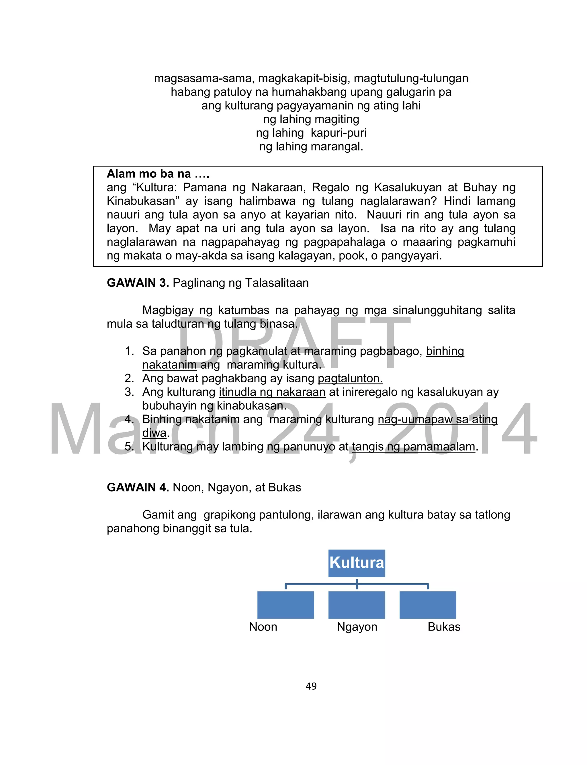 DRAFT
March 24, 2014
49
magsasama-sama, magkakapit-bisig, magtutulung-tulungan
habang patuloy na humahakbang upang galugarin pa
ang kulturang pagyayamanin ng ating lahi
ng lahing magiting
ng lahing kapuri-puri
ng lahing marangal.
Alam mo ba na ….
ang “Kultura: Pamana ng Nakaraan, Regalo ng Kasalukuyan at Buhay ng
Kinabukasan” ay isang halimbawa ng tulang naglalarawan? Hindi lamang
nauuri ang tula ayon sa anyo at kayarian nito. Nauuri rin ang tula ayon sa
layon. May apat na uri ang tula ayon sa layon. Isa na rito ay ang tulang
naglalarawan na nagpapahayag ng pagpapahalaga o maaaring pagkamuhi
ng makata o may-akda sa isang kalagayan, pook, o pangyayari.
GAWAIN 3. Paglinang ng Talasalitaan
Magbigay ng katumbas na pahayag ng mga sinalungguhitang salita
mula sa taludturan ng tulang binasa.
1. Sa panahon ng pagkamulat at maraming pagbabago, binhing
nakatanim ang maraming kultura.
2. Ang bawat paghakbang ay isang pagtalunton.
3. Ang kulturang itinudla ng nakaraan at inireregalo ng kasalukuyan ay
bubuhayin ng kinabukasan.
4. Binhing nakatanim ang maraming kulturang nag-uumapaw sa ating
diwa.
5. Kulturang may lambing ng panunuyo at tangis ng pamamaalam.
GAWAIN 4. Noon, Ngayon, at Bukas
Gamit ang grapikong pantulong, ilarawan ang kultura batay sa tatlong
panahong binanggit sa tula.
Noon Ngayon Bukas
Kultura
 