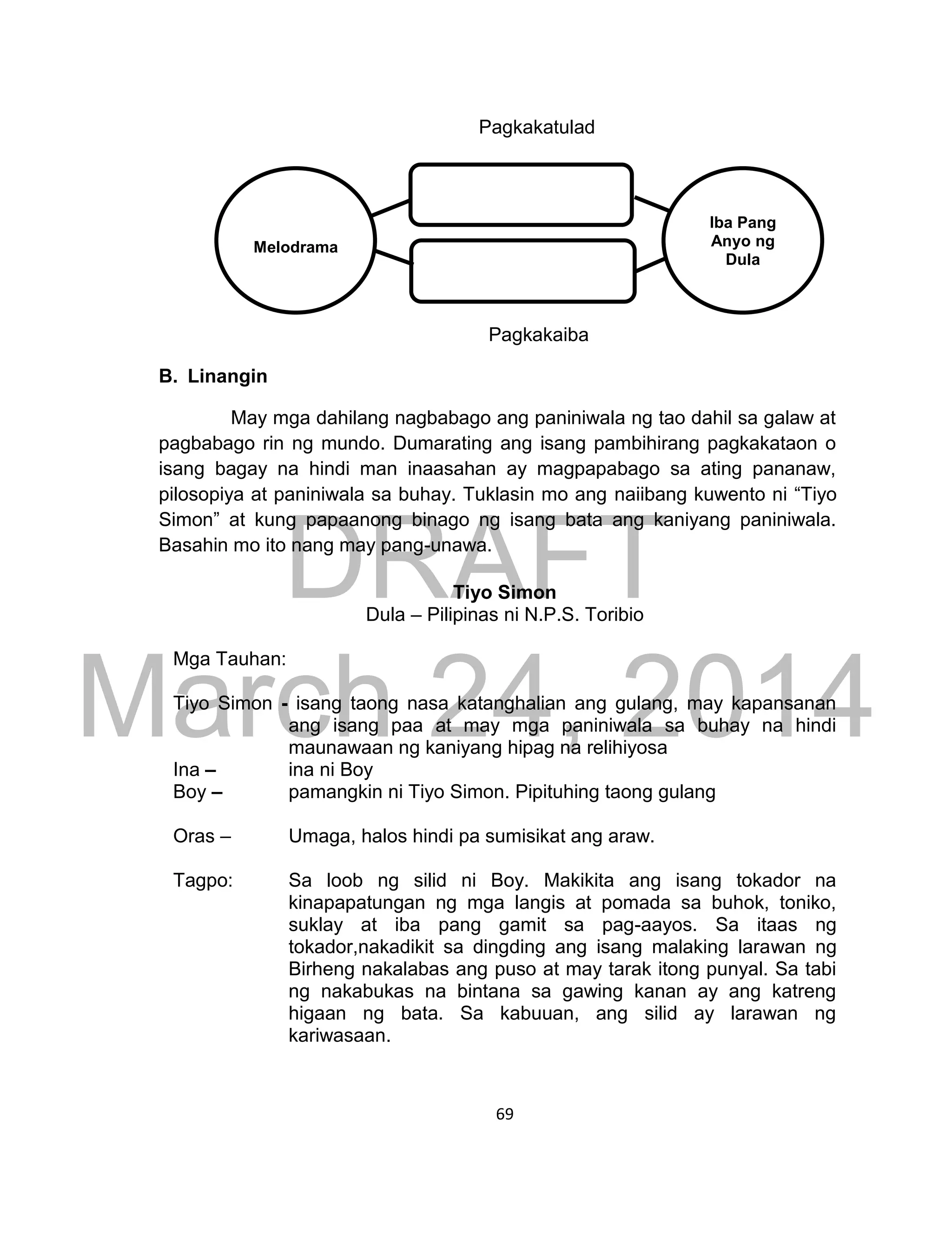 DRAFT
March 24, 2014
69
Pagkakatulad
Pagkakaiba
B. Linangin
May mga dahilang nagbabago ang paniniwala ng tao dahil sa galaw at
pagbabago rin ng mundo. Dumarating ang isang pambihirang pagkakataon o
isang bagay na hindi man inaasahan ay magpapabago sa ating pananaw,
pilosopiya at paniniwala sa buhay. Tuklasin mo ang naiibang kuwento ni “Tiyo
Simon” at kung papaanong binago ng isang bata ang kaniyang paniniwala.
Basahin mo ito nang may pang-unawa.
Tiyo Simon
Dula – Pilipinas ni N.P.S. Toribio
Mga Tauhan:
Tiyo Simon - isang taong nasa katanghalian ang gulang, may kapansanan
ang isang paa at may mga paniniwala sa buhay na hindi
maunawaan ng kaniyang hipag na relihiyosa
Ina – ina ni Boy
Boy – pamangkin ni Tiyo Simon. Pipituhing taong gulang
Oras – Umaga, halos hindi pa sumisikat ang araw.
Tagpo: Sa loob ng silid ni Boy. Makikita ang isang tokador na
kinapapatungan ng mga langis at pomada sa buhok, toniko,
suklay at iba pang gamit sa pag-aayos. Sa itaas ng
tokador,nakadikit sa dingding ang isang malaking larawan ng
Birheng nakalabas ang puso at may tarak itong punyal. Sa tabi
ng nakabukas na bintana sa gawing kanan ay ang katreng
higaan ng bata. Sa kabuuan, ang silid ay larawan ng
kariwasaan.
Iba Pang
Anyo ng
Dula
Melodrama
 