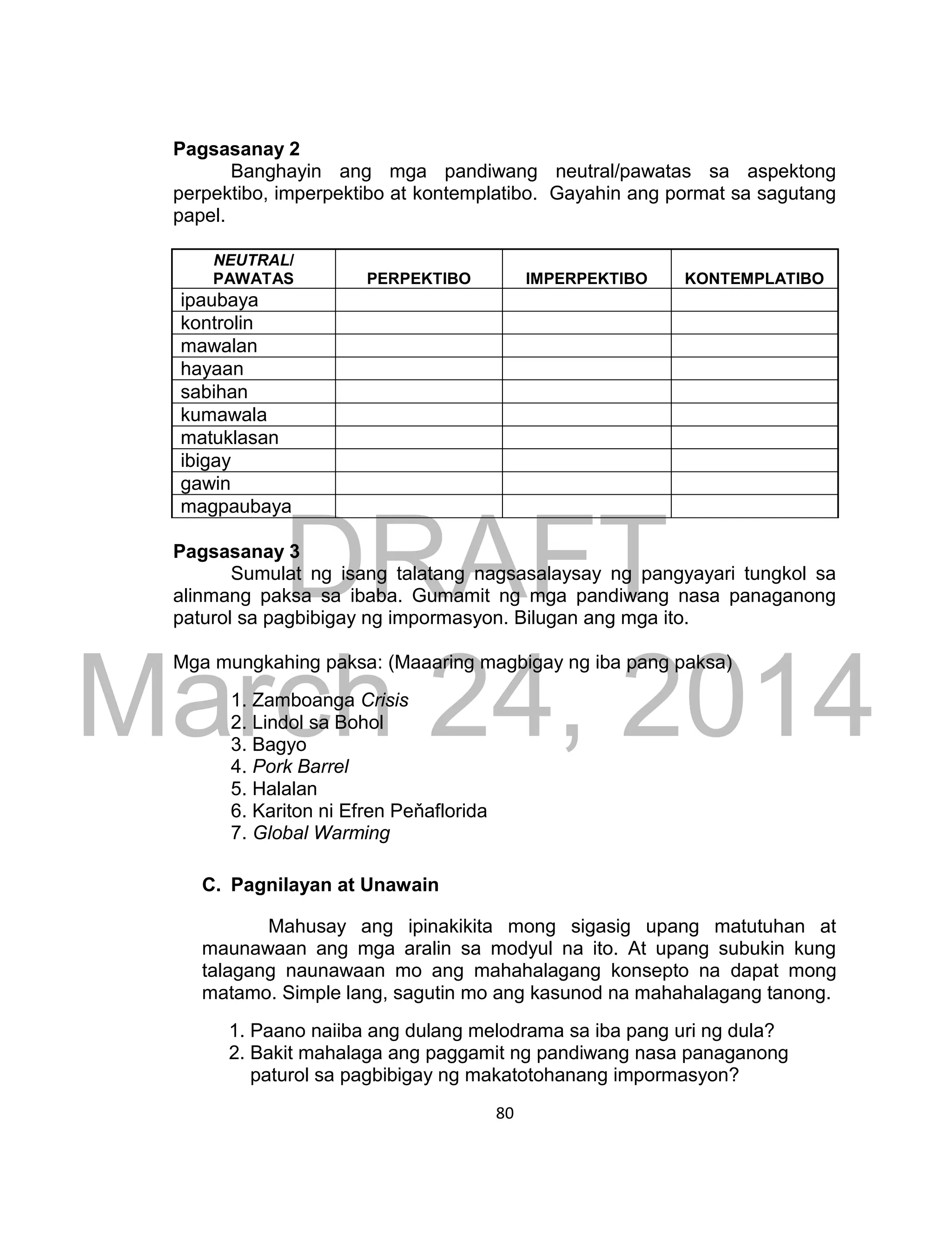 DRAFT
March 24, 2014
80
Pagsasanay 2
Banghayin ang mga pandiwang neutral/pawatas sa aspektong
perpektibo, imperpektibo at kontemplatibo. Gayahin ang pormat sa sagutang
papel.
NEUTRAL/
PAWATAS PERPEKTIBO IMPERPEKTIBO KONTEMPLATIBO
ipaubaya
kontrolin
mawalan
hayaan
sabihan
kumawala
matuklasan
ibigay
gawin
magpaubaya
Pagsasanay 3
Sumulat ng isang talatang nagsasalaysay ng pangyayari tungkol sa
alinmang paksa sa ibaba. Gumamit ng mga pandiwang nasa panaganong
paturol sa pagbibigay ng impormasyon. Bilugan ang mga ito.
Mga mungkahing paksa: (Maaaring magbigay ng iba pang paksa)
1. Zamboanga Crisis
2. Lindol sa Bohol
3. Bagyo
4. Pork Barrel
5. Halalan
6. Kariton ni Efren Peňaflorida
7. Global Warming
C. Pagnilayan at Unawain
Mahusay ang ipinakikita mong sigasig upang matutuhan at
maunawaan ang mga aralin sa modyul na ito. At upang subukin kung
talagang naunawaan mo ang mahahalagang konsepto na dapat mong
matamo. Simple lang, sagutin mo ang kasunod na mahahalagang tanong.
1. Paano naiiba ang dulang melodrama sa iba pang uri ng dula?
2. Bakit mahalaga ang paggamit ng pandiwang nasa panaganong
paturol sa pagbibigay ng makatotohanang impormasyon?
 