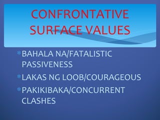 CONFRONTATIVE
  SURFACE VALUES
∗ BAHALA NA/FATALISTIC
  PASSIVENESS
∗ LAKAS NG LOOB/COURAGEOUS
∗ PAKIKIBAKA/CONCURRENT
  CLASHES
 