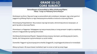 DEPARTMENT OF EDUCATION
GRADE 11-12
CORE SUBJECT
Komunikasyon at Pananaliksik sa Wika at Kulturang Pilipino
Deskripsyon ng Kurso: Pag-aaral tungo sa pananaliksik ukol sa kalikasan, katangian, pag-unlad, gamit at
paggamit ng Wikang Filipino sa mga sitwasyong komunikatibo at kultural sa lipunang Pilipino.
Pamantayang Pangnilalaman: Nauunawaan ang mga konsepto, elementong kultural, kasaysayan, at
gamit ng wika sa lipunang Pilipino
Pamantayan sa Pagganap: Nakagagawa ng isang sanaysay batay sa isang panayam tungkol sa aspektong
kultural o lingguwistiko ng napiling komunidad
Panitikang Kontemporaryo/Popular: Napapanahong sanaysay, talumpati, panitikang popular (awitin,
komiks, iba’t ibang paraan ng komunikasyon sa social media)
Gramatika: Paggamit ng kasanayang komunikatibo (linggwistik, sosyolinggwistik,diskorsal at istratedyik)
Bilang ng Sesyon: 40 sesyon bawat markahan/ apat na araw sa loob ng isang linggo
Paksa: Tungo sa Mabisang Komunikasyon
 