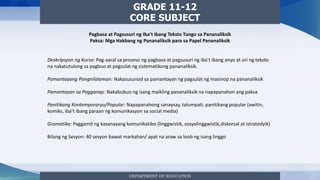 DEPARTMENT OF EDUCATION
GRADE 11-12
CORE SUBJECT
Pagbasa at Pagsusuri ng Iba’t Ibang Teksto Tungo sa Pananaliksik
Paksa: Mga Hakbang ng Pananaliksik para sa Papel Pananaliksik
Deskripsyon ng Kurso: Pag-aaral sa proseso ng pagbasa at pagsusuri ng iba’t ibang anyo at uri ng teksto
na nakatutulong sa pagbuo at pagsulat ng sistematikong pananaliksik.
Pamantayang Pangnilalaman: Nakasusunod sa pamantayan ng pagsulat ng masinop na pananaliksik
Pamantayan sa Pagganap: Nakabubuo ng isang maikling pananaliksik na napapanahon ang paksa
Panitikang Kontemporaryo/Popular: Napapanahong sanaysay, talumpati, panitikang popular (awitin,
komiks, iba’t ibang paraan ng komunikasyon sa social media)
Gramatika: Paggamit ng kasanayang komunikatibo (linggwistik, sosyolinggwistik,diskorsal at istratedyik)
Bilang ng Sesyon: 40 sesyon bawat markahan/ apat na araw sa loob ng isang linggo
 