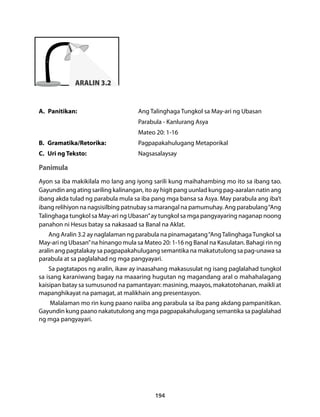 194 
ARALIN 3.2 
A. Panitikan: Ang Talinghaga Tungkol sa May-ari ng Ubasan 
Parabula - Kanlurang Asya 
Mateo 20: 1-16 
B. Gramatika/Retorika: Pagpapakahulugang Metaporikal 
C. Uri ng Teksto: Nagsasalaysay 
Panimula 
Ayon sa iba makikilala mo lang ang iyong sarili kung maihahambing mo ito sa ibang tao. 
Gayundin ang ating sariling kalinangan, ito ay higit pang uunlad kung pag-aaralan natin ang 
ibang akda tulad ng parabula mula sa iba pang mga bansa sa Asya. May parabula ang iba’t 
ibang relihiyon na nagsisilbing patnubay sa marangal na pamumuhay. Ang parabulang “Ang 
Talinghaga tungkol sa May-ari ng Ubasan” ay tungkol sa mga pangyayaring naganap noong 
panahon ni Hesus batay sa nakasaad sa Banal na Aklat. 
Ang Aralin 3.2 ay naglalaman ng parabula na pinamagatang “Ang Talinghaga Tungkol sa 
May-ari ng Ubasan” na hinango mula sa Mateo 20: 1-16 ng Banal na Kasulatan. Bahagi rin ng 
aralin ang pagtalakay sa pagpapakahulugang semantika na makatutulong sa pag-unawa sa 
parabula at sa paglalahad ng mga pangyayari. 
Sa pagtatapos ng aralin, ikaw ay inaasahang makasusulat ng isang paglalahad tungkol 
sa isang karaniwang bagay na maaaring hugutan ng magandang aral o mahahalagang 
kaisipan batay sa sumusunod na pamantayan: masining, maayos, makatotohanan, maikli at 
mapanghikayat na pamagat, at malikhain ang presentasyon. 
Malalaman mo rin kung paano naiiba ang parabula sa iba pang akdang pampanitikan. 
Gayundin kung paano nakatutulong ang mga pagpapakahulugang semantika sa paglalahad 
ng mga pangyayari. 
 