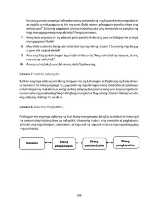 lamang gumawa ang mga huling dumating, samantalang maghapon kaming nagtrabaho 
at nagtiis sa nakapapasong init ng araw. Bakit naman pinagpare-pareho ninyo ang 
aming upa?” Sa iyong pagsusuri, anong mabuting asal ang nawawala sa pangkat ng 
mga manggagawang maysabi nito? Pangatuwiranan. 
7. Kung ikaw ang may-ari ng ubasan, pare-pareho rin ba ang upa na ibibigay mo sa mga 
199 
mensahe Bilang 
pangkaisipan 
Bilang 
pandamdamin 
Bilang 
pangkaasalan 
manggagawa? Bakit? 
8. May kilala o alam ka bang tao na katulad ng may-ari ng ubasan ? Sa anong mga bagay 
o gawi sila nagkakatulad? 
9. Ano ang ibig ipakahulugan ng sinabi ni Hesus na, “Ang nahuhuli ay nauuna, at ang 
nauuna ay mahuhuli.” 
10. Anong uri ng teksto ang binasang akda? Ipaliwanag. 
Gawain 7. Sulat Ko, Isalaysay Ko 
Balikan ang mga salita o pariralang binigyan mo ng kahulugan sa Paglinang ng Talasalitaan 
sa Gawain 5. Sa tulong ng mga ito, gayundin ng mga ibinigay mong simboliko at ispirituwal 
na kahulugan ay makabubuo ka ng sariling salaysay tungkol sa kung ano ang nais ipahatid 
na mensahe ng parabulang “Ang Talinghaga tungkol sa May-ari ng Ubasan”. Matapos isulat 
ang salaysay, ibahagi ito sa klase. 
Gawain 8. Draw Your Imagination... 
Pakinggan mo ang mga pahayag ng iba’t ibang mangangaral tungkol sa mabuti at marangal 
na pamumuhay habang ikaw ay nakapikit. Unawaing mabuti ang mensahe at pagkatapos 
ay isulat ang mga kaisipan, damdamin, at mga aral na napulot mula sa mga napakinggang 
mga pahayag. 
 