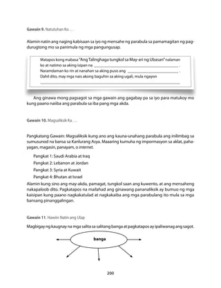 Matapos kong mabasa “Ang Talinghaga tungkol sa May-ari ng Ubasan” nalaman 
ko at natimo sa aking isipan na ___________________________________________________ . 
Naramdaman ko rin at nanahan sa aking puso ang _______________________________ . 
Dahil dito, may mga nais akong baguhin sa aking ugali, mula ngayon 
____________________________________________________________________________________ 
Ang ginawa mong pagsagot sa mga gawain ang gagabay pa sa iyo para matukoy mo 
kung paano naiiba ang parabula sa iba pang mga akda. 
200 
Gawain 9. Natutuhan Ko . . . 
Alamin natin ang naging kabisaan sa iyo ng mensahe ng parabula sa pamamagitan ng pag-durugtong 
mo sa panimula ng mga pangungusap. 
banga 
Gawain 10. Magsaliksik Ka . . . 
Pangkatang Gawain: Magsaliksik kung ano ang kauna-unahang parabula ang inilimbag sa 
sumusunod na bansa sa Kanlurang Asya. Maaaring kumuha ng impormasyon sa aklat, paha-yagan, 
magasin, panayam, o internet. 
Pangkat 1: Saudi Arabia at Iraq 
Pangkat 2: Lebanon at Jordan 
Pangkat 3: Syria at Kuwait 
Pangkat 4: Bhutan at Israel 
Alamin kung sino ang may-akda, pamagat, tungkol saan ang kuwento, at ang mensaheng 
nakapaloob dito. Pagkatapos na mailahad ang ginawang pananaliksik ay bumuo ng mga 
kaisipan kung paano nagkakatulad at nagkakaiba ang mga parabulang ito mula sa mga 
bansang pinanggalingan. 
Gawain 11. Hawiin Natin ang Ulap 
Magbigay ng kaugnay na mga salita sa salitang banga at pagkatapos ay ipaliwanag ang sagot. 
 