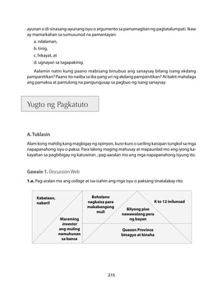ayunan o di-sinasang-ayunang isyu o argumento sa pamamagitan ng pagtatalumpati. Ikaw 
ay mamarkahan sa sumusunod na pamantayan: 
a. nilalaman, 
b. tinig, 
c. hikayat, at 
d. ugnayan sa tagapakinig. 
Aalamin natin kung paano mabisang binubuo ang sanaysay bilang isang akdang 
pampanitikan? Paano ito naiiba sa iba pang uri ng akdang pampanitikan? At bakit mahalaga 
ang pamaksa at pantulong na pangungusap sa pagbuo ng isang sanaysay. 
215 
Yugto ng Pagkatuto 
A. Tuklasin 
Alam kong mahilig kang magbigay ng opinyon, kuro-kuro o sariling kaisipan tungkol sa mga 
napapanahong isyu o paksa. Para lalong maging mahusay at mapaunlad mo ang iyong ka-kayahan 
sa pagbibigay ng katuwiran , pag-aaralan mo ang mga napapanahong isyung ito. 
Gawain 1. Discussion Web 
1.a. Pag-aralan mo ang collage at isa-isahin ang mga isyu o paksang tinatalakay rito. 
Boholano 
nagkaisa para 
makabangong 
muli 
Maraming 
investor 
ang muling 
namuhunan 
sa bansa 
K to 12 inilunsad 
Bilyong piso 
nawawalang pera 
ng bayan 
Quezon Province 
binagyo at binaha 
Kabataan, 
nabaril 
 