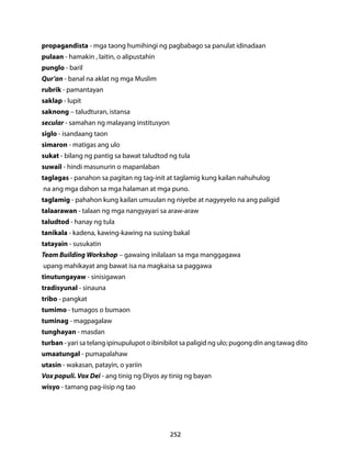 propagandista - mga taong humihingi ng pagbabago sa panulat idinadaan 
pulaan - hamakin , laitin, o alipustahin 
punglo - baril 
Qur’an - banal na aklat ng mga Muslim 
rubrik - pamantayan 
saklap - lupit 
saknong – taludturan, istansa 
secular - samahan ng malayang institusyon 
siglo - isandaang taon 
simaron - matigas ang ulo 
sukat - bilang ng pantig sa bawat taludtod ng tula 
suwail - hindi masunurin o mapanlaban 
taglagas - panahon sa pagitan ng tag-init at taglamig kung kailan nahuhulog 
na ang mga dahon sa mga halaman at mga puno. 
taglamig - pahahon kung kailan umuulan ng niyebe at nagyeyelo na ang paligid 
talaarawan - talaan ng mga nangyayari sa araw-araw 
taludtod - hanay ng tula 
tanikala - kadena, kawing-kawing na susing bakal 
tatayain - susukatin 
Team Building Workshop – gawaing inilalaan sa mga manggagawa 
upang mahikayat ang bawat isa na magkaisa sa paggawa 
tinutungayaw - sinisigawan 
tradisyunal - sinauna 
tribo - pangkat 
tumimo - tumagos o bumaon 
tuminag - magpagalaw 
tunghayan - masdan 
turban - yari sa telang ipinupulupot o ibinibilot sa paligid ng ulo; pugong din ang tawag dito 
umaatungal - pumapalahaw 
utasin - wakasan, patayin, o yariin 
Vox populi. Vox Dei - ang tinig ng Diyos ay tinig ng bayan 
wisyo - tamang pag-iisip ng tao 
252 
 