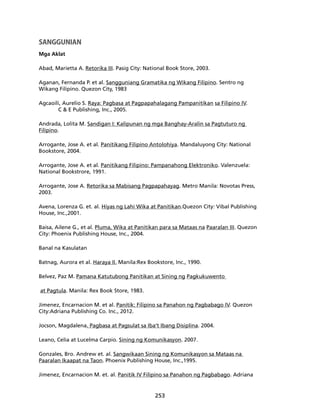 253 
SANGGUNIAN 
Mga Aklat 
Abad, Marietta A. Retorika III. Pasig City: National Book Store, 2003. 
Aganan, Fernanda P. et al. Sangguniang Gramatika ng Wikang Filipino. Sentro ng 
Wikang Filipino. Quezon City, 1983 
Agcaoili, Aurelio S. Raya: Pagbasa at Pagpapahalagang Pampanitikan sa Filipino IV. 
C & E Publishing, Inc., 2005. 
Andrada, Lolita M. Sandigan I: Kalipunan ng mga Banghay-Aralin sa Pagtuturo ng 
Filipino. 
Arrogante, Jose A. et al. Panitikang Filipino Antolohiya. Mandaluyong City: National 
Bookstore, 2004. 
Arrogante, Jose A. et al. Panitikang Filipino: Pampanahong Elektroniko. Valenzuela: 
National Bookstrore, 1991. 
Arrogante, Jose A. Retorika sa Mabisang Pagpapahayag. Metro Manila: Novotas Press, 
2003. 
Avena, Lorenza G. et. al. Hiyas ng Lahi Wika at Panitikan.Quezon City: Vibal Publishing 
House, Inc.,2001. 
Baisa, Ailene G., et al. Pluma, Wika at Panitikan para sa Mataas na Paaralan III. Quezon 
City: Phoenix Publishing House, Inc., 2004. 
Banal na Kasulatan 
Batnag, Aurora et al. Haraya II. Manila:Rex Bookstore, Inc., 1990. 
Belvez, Paz M. Pamana Katutubong Panitikan at Sining ng Pagkukuwento 
at Pagtula. Manila: Rex Book Store, 1983. 
Jimenez, Encarnacion M. et al. Panitik: Filipino sa Panahon ng Pagbabago IV. Quezon 
City:Adriana Publishing Co. Inc., 2012. 
Jocson, Magdalena. Pagbasa at Pagsulat sa Iba’t Ibang Disiplina. 2004. 
Leano, Celia at Lucelma Carpio. Sining ng Komunikasyon. 2007. 
Gonzales, Bro. Andrew et. al. Sangwikaan Sining ng Komunikasyon sa Mataas na 
Paaralan Ikaapat na Taon. Phoenix Publishing House, Inc.,1995. 
Jimenez, Encarnacion M. et. al. Panitik IV Filipino sa Panahon ng Pagbabago. Adriana 
 