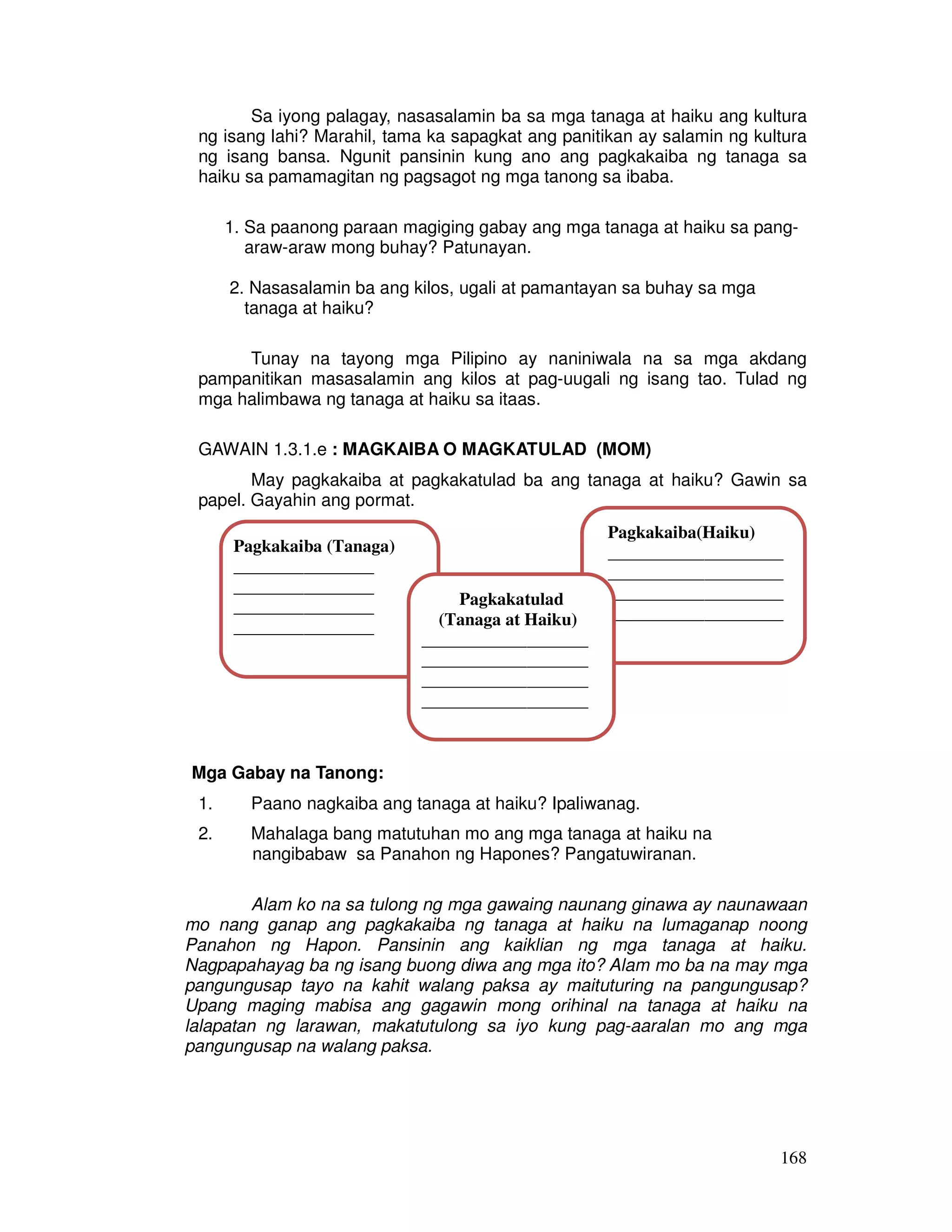 168
Sa iyong palagay, nasasalamin ba sa mga tanaga at haiku ang kultura
ng isang lahi? Marahil, tama ka sapagkat ang panitikan ay salamin ng kultura
ng isang bansa. Ngunit pansinin kung ano ang pagkakaiba ng tanaga sa
haiku sa pamamagitan ng pagsagot ng mga tanong sa ibaba.
1. Sa paanong paraan magiging gabay ang mga tanaga at haiku sa pang-
araw-araw mong buhay? Patunayan.
2. Nasasalamin ba ang kilos, ugali at pamantayan sa buhay sa mga
tanaga at haiku?
Tunay na tayong mga Pilipino ay naniniwala na sa mga akdang
pampanitikan masasalamin ang kilos at pag-uugali ng isang tao. Tulad ng
mga halimbawa ng tanaga at haiku sa itaas.
GAWAIN 1.3.1.e : MAGKAIBA O MAGKATULAD (MOM)
May pagkakaiba at pagkakatulad ba ang tanaga at haiku? Gawin sa
papel. Gayahin ang pormat.
Mga Gabay na Tanong:
1. Paano nagkaiba ang tanaga at haiku? Ipaliwanag.
2. Mahalaga bang matutuhan mo ang mga tanaga at haiku na
nangibabaw sa Panahon ng Hapones? Pangatuwiranan.
Alam ko na sa tulong ng mga gawaing naunang ginawa ay naunawaan
mo nang ganap ang pagkakaiba ng tanaga at haiku na lumaganap noong
Panahon ng Hapon. Pansinin ang kaiklian ng mga tanaga at haiku.
Nagpapahayag ba ng isang buong diwa ang mga ito? Alam mo ba na may mga
pangungusap tayo na kahit walang paksa ay maituturing na pangungusap?
Upang maging mabisa ang gagawin mong orihinal na tanaga at haiku na
lalapatan ng larawan, makatutulong sa iyo kung pag-aaralan mo ang mga
pangungusap na walang paksa.
Pagkakaiba(Haiku)
____________________
____________________
____________________
____________________
_
Pagkakaiba (Tanaga)
________________
________________
________________
________________
Pagkakatulad
(Tanaga at Haiku)
___________________
___________________
___________________
___________________
 
