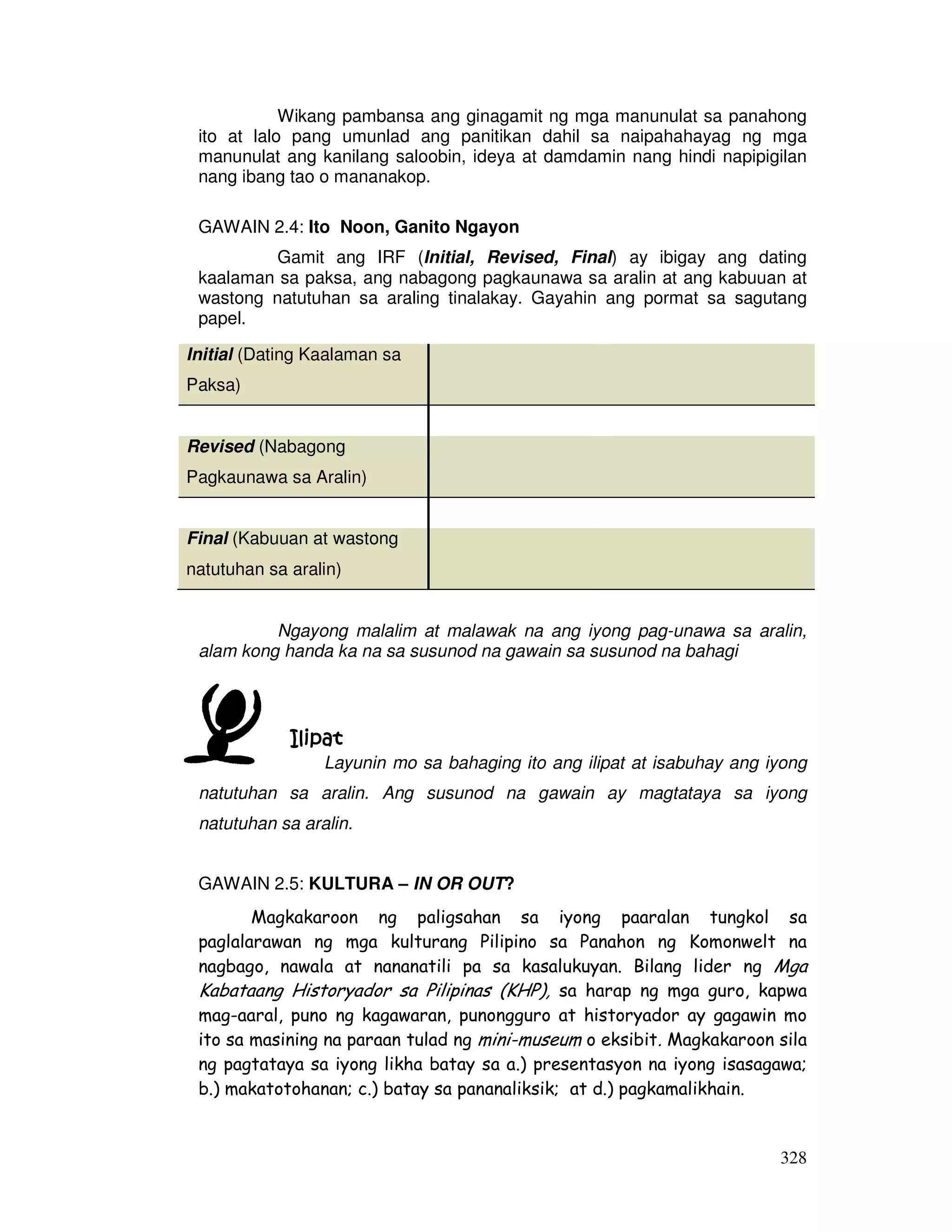 328
Wikang pambansa ang ginagamit ng mga manunulat sa panahong
ito at lalo pang umunlad ang panitikan dahil sa naipahahayag ng mga
manunulat ang kanilang saloobin, ideya at damdamin nang hindi napipigilan
nang ibang tao o mananakop.
GAWAIN 2.4: Ito Noon, Ganito Ngayon
Gamit ang IRF (Initial, Revised, Final) ay ibigay ang dating
kaalaman sa paksa, ang nabagong pagkaunawa sa aralin at ang kabuuan at
wastong natutuhan sa araling tinalakay. Gayahin ang pormat sa sagutang
papel.
Ngayong malalim at malawak na ang iyong pag-unawa sa aralin,
alam kong handa ka na sa susunod na gawain sa susunod na bahagi
IlipatIlipatIlipatIlipat
Layunin mo sa bahaging ito ang ilipat at isabuhay ang iyong
natutuhan sa aralin. Ang susunod na gawain ay magtataya sa iyong
natutuhan sa aralin.
GAWAIN 2.5: KULTURA – IN OR OUT?
Magkakaroon ng paligsahan sa iyong paaralan tungkol sa
paglalarawan ng mga kulturang Pilipino sa Panahon ng Komonwelt na
nagbago, nawala at nananatili pa sa kasalukuyan. Bilang lider ng Mga
Kabataang Historyador sa Pilipinas (KHP), sa harap ng mga guro, kapwa
mag-aaral, puno ng kagawaran, punongguro at historyador ay gagawin mo
ito sa masining na paraan tulad ng mini-museum o eksibit. Magkakaroon sila
ng pagtataya sa iyong likha batay sa a.) presentasyon na iyong isasagawa;
b.) makatotohanan; c.) batay sa pananaliksik; at d.) pagkamalikhain.
Initial (Dating Kaalaman sa
Paksa)
Revised (Nabagong
Pagkaunawa sa Aralin)
Final (Kabuuan at wastong
natutuhan sa aralin)
 