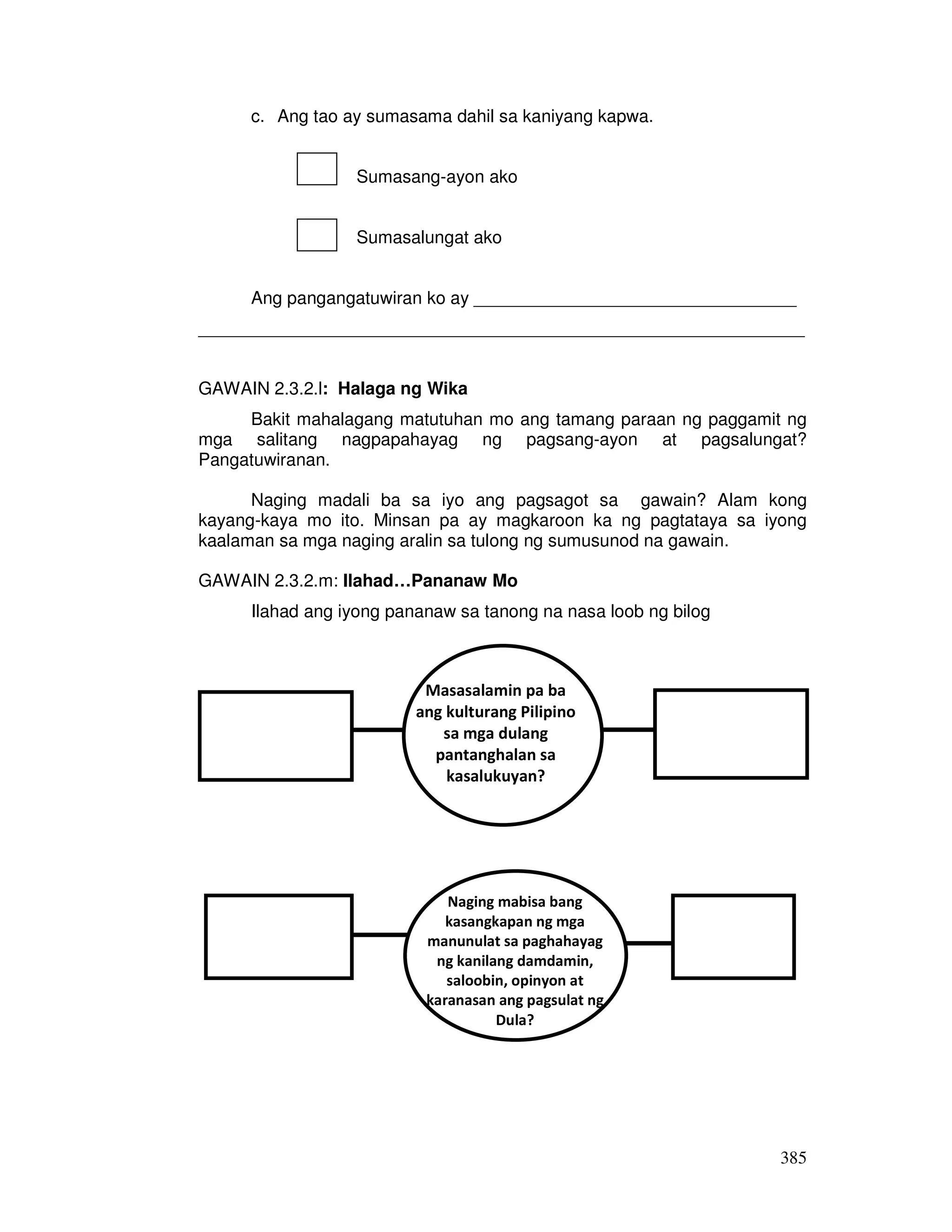 385
c. Ang tao ay sumasama dahil sa kaniyang kapwa.
Sumasang-ayon ako
Sumasalungat ako
Ang pangangatuwiran ko ay _________________________________
______________________________________________________________
GAWAIN 2.3.2.l: Halaga ng Wika
Bakit mahalagang matutuhan mo ang tamang paraan ng paggamit ng
mga salitang nagpapahayag ng pagsang-ayon at pagsalungat?
Pangatuwiranan.
Naging madali ba sa iyo ang pagsagot sa gawain? Alam kong
kayang-kaya mo ito. Minsan pa ay magkaroon ka ng pagtataya sa iyong
kaalaman sa mga naging aralin sa tulong ng sumusunod na gawain.
GAWAIN 2.3.2.m: Ilahad…Pananaw Mo
Ilahad ang iyong pananaw sa tanong na nasa loob ng bilog
Masasalamin pa ba
ang kulturang Pilipino
sa mga dulang
pantanghalan sa
kasalukuyan?
Naging mabisa bang
kasangkapan ng mga
manunulat sa paghahayag
ng kanilang damdamin,
saloobin, opinyon at
karanasan ang pagsulat ng
Dula?
 
