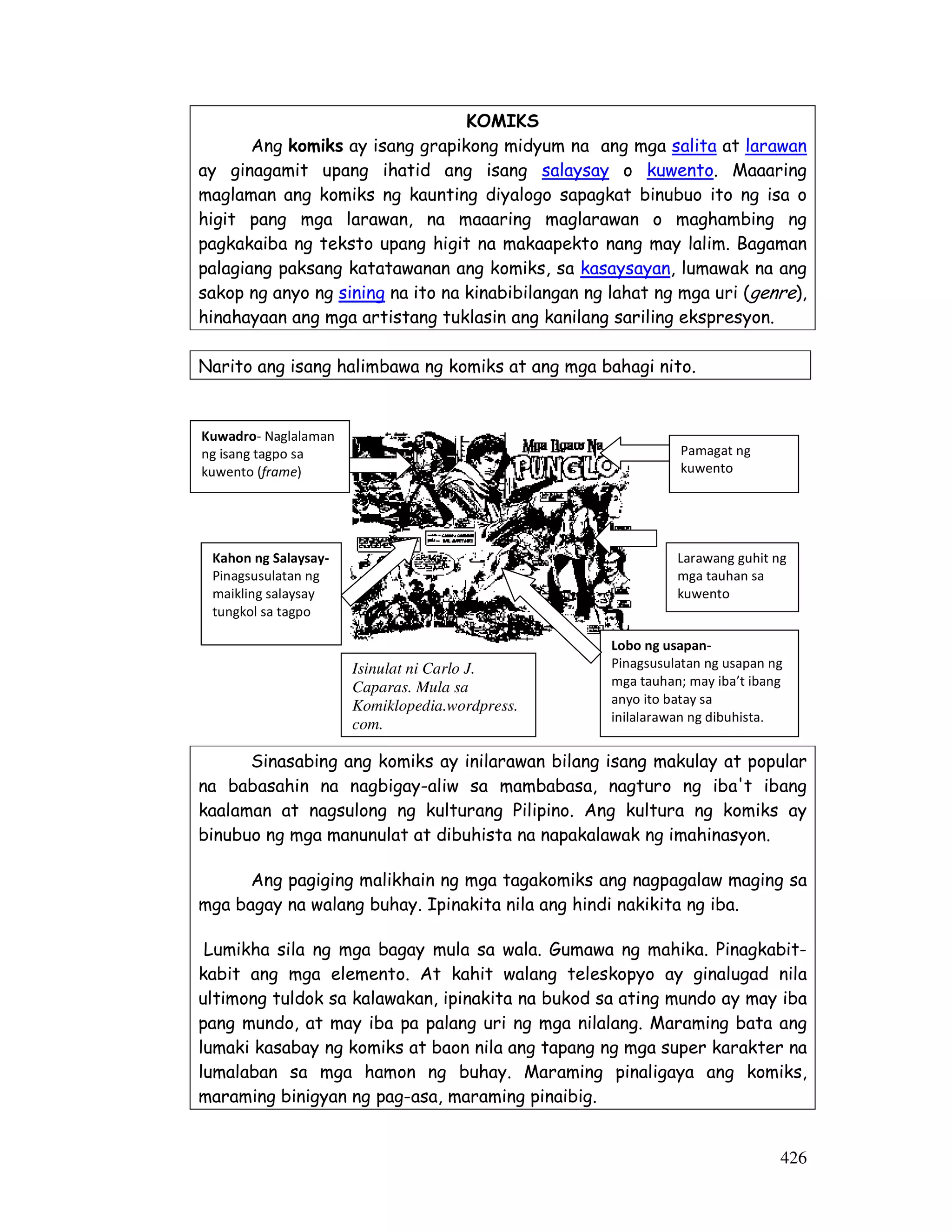 426
KOMIKS
Ang komiks ay isang grapikong midyum na ang mga salita at larawan
ay ginagamit upang ihatid ang isang salaysay o kuwento. Maaaring
maglaman ang komiks ng kaunting diyalogo sapagkat binubuo ito ng isa o
higit pang mga larawan, na maaaring maglarawan o maghambing ng
pagkakaiba ng teksto upang higit na makaapekto nang may lalim. Bagaman
palagiang paksang katatawanan ang komiks, sa kasaysayan, lumawak na ang
sakop ng anyo ng sining na ito na kinabibilangan ng lahat ng mga uri (genre),
hinahayaan ang mga artistang tuklasin ang kanilang sariling ekspresyon.
Narito ang isang halimbawa ng komiks at ang mga bahagi nito.
Sinasabing ang komiks ay inilarawan bilang isang makulay at popular
na babasahin na nagbigay-aliw sa mambabasa, nagturo ng iba't ibang
kaalaman at nagsulong ng kulturang Pilipino. Ang kultura ng komiks ay
binubuo ng mga manunulat at dibuhista na napakalawak ng imahinasyon.
Ang pagiging malikhain ng mga tagakomiks ang nagpagalaw maging sa
mga bagay na walang buhay. Ipinakita nila ang hindi nakikita ng iba.
Lumikha sila ng mga bagay mula sa wala. Gumawa ng mahika. Pinagkabit-
kabit ang mga elemento. At kahit walang teleskopyo ay ginalugad nila
ultimong tuldok sa kalawakan, ipinakita na bukod sa ating mundo ay may iba
pang mundo, at may iba pa palang uri ng mga nilalang. Maraming bata ang
lumaki kasabay ng komiks at baon nila ang tapang ng mga super karakter na
lumalaban sa mga hamon ng buhay. Maraming pinaligaya ang komiks,
maraming binigyan ng pag-asa, maraming pinaibig.
Pamagat ng
kuwento
Larawang guhit ng
mga tauhan sa
kuwento
Kuwadro- Naglalaman
ng isang tagpo sa
kuwento (frame)
Lobo ng usapan-
Pinagsusulatan ng usapan ng
mga tauhan; may iba’t ibang
anyo ito batay sa
inilalarawan ng dibuhista.
Kahon ng Salaysay-
Pinagsusulatan ng
maikling salaysay
tungkol sa tagpo
Isinulat ni Carlo J.
Caparas. Mula sa
Komiklopedia.wordpress.
com.
 
