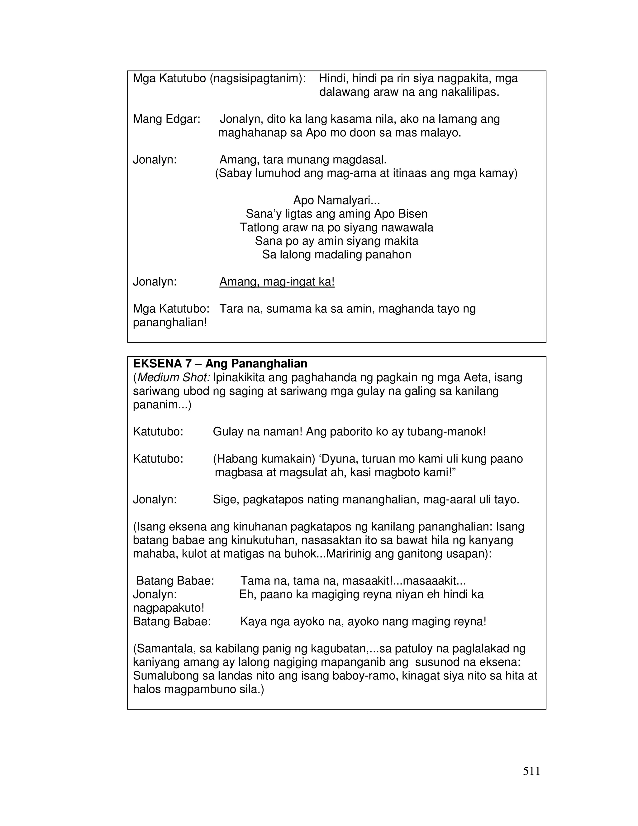 511
Mga Katutubo (nagsisipagtanim): Hindi, hindi pa rin siya nagpakita, mga
dalawang araw na ang nakalilipas.
Mang Edgar: Jonalyn, dito ka lang kasama nila, ako na lamang ang
maghahanap sa Apo mo doon sa mas malayo.
Jonalyn: Amang, tara munang magdasal.
(Sabay lumuhod ang mag-ama at itinaas ang mga kamay)
Apo Namalyari...
Sana’y ligtas ang aming Apo Bisen
Tatlong araw na po siyang nawawala
Sana po ay amin siyang makita
Sa lalong madaling panahon
Jonalyn: Amang, mag-ingat ka!
Mga Katutubo: Tara na, sumama ka sa amin, maghanda tayo ng
pananghalian!
EKSENA 7 – Ang Pananghalian
(Medium Shot: Ipinakikita ang paghahanda ng pagkain ng mga Aeta, isang
sariwang ubod ng saging at sariwang mga gulay na galing sa kanilang
pananim...)
Katutubo: Gulay na naman! Ang paborito ko ay tubang-manok!
Katutubo: (Habang kumakain) ‘Dyuna, turuan mo kami uli kung paano
magbasa at magsulat ah, kasi magboto kami!”
Jonalyn: Sige, pagkatapos nating mananghalian, mag-aaral uli tayo.
(Isang eksena ang kinuhanan pagkatapos ng kanilang pananghalian: Isang
batang babae ang kinukutuhan, nasasaktan ito sa bawat hila ng kanyang
mahaba, kulot at matigas na buhok...Maririnig ang ganitong usapan):
Batang Babae: Tama na, tama na, masaakit!...masaaakit...
Jonalyn: Eh, paano ka magiging reyna niyan eh hindi ka
nagpapakuto!
Batang Babae: Kaya nga ayoko na, ayoko nang maging reyna!
(Samantala, sa kabilang panig ng kagubatan,...sa patuloy na paglalakad ng
kaniyang amang ay lalong nagiging mapanganib ang susunod na eksena:
Sumalubong sa landas nito ang isang baboy-ramo, kinagat siya nito sa hita at
halos magpambuno sila.)
 