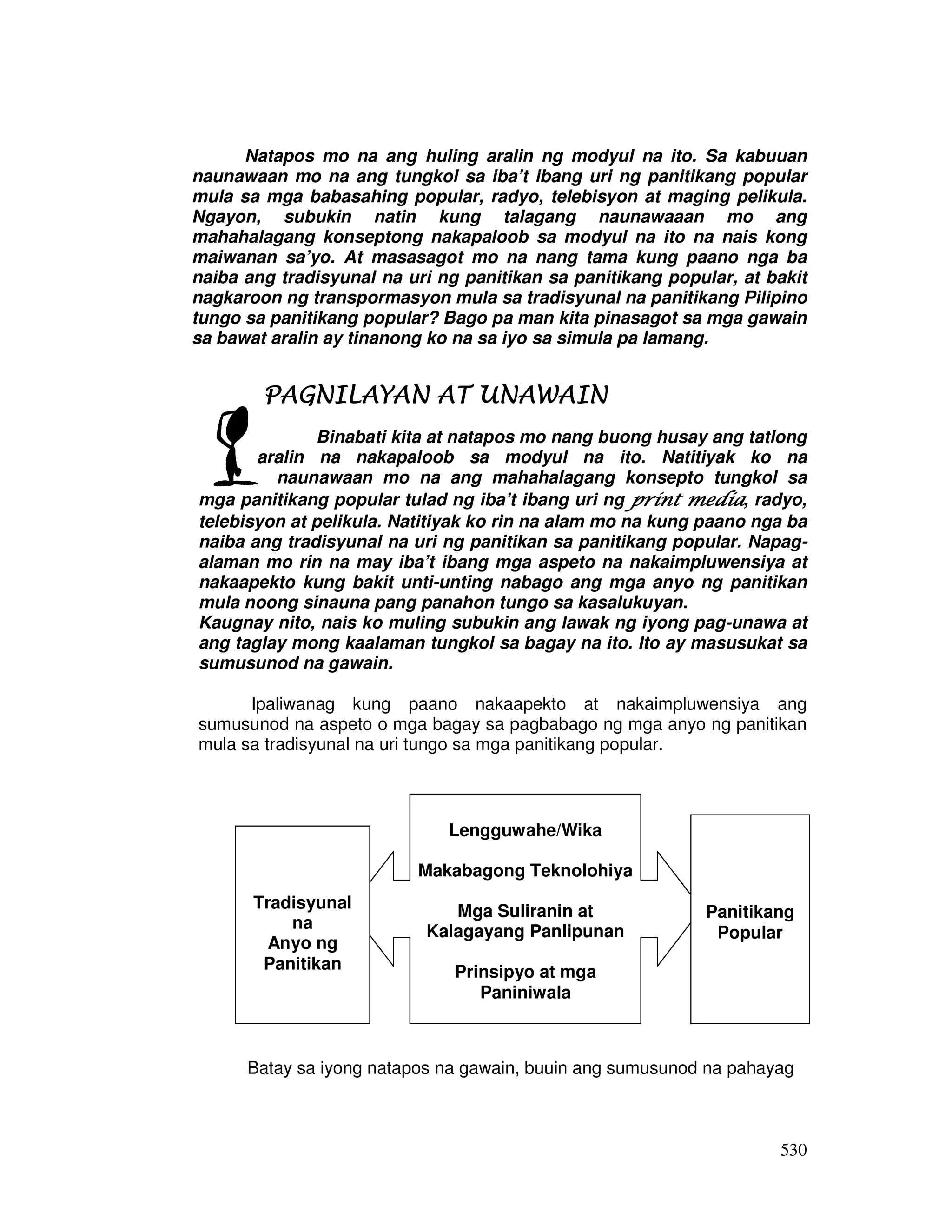 530
Natapos mo na ang huling aralin ng modyul na ito. Sa kabuuan
naunawaan mo na ang tungkol sa iba’t ibang uri ng panitikang popular
mula sa mga babasahing popular, radyo, telebisyon at maging pelikula.
Ngayon, subukin natin kung talagang naunawaaan mo ang
mahahalagang konseptong nakapaloob sa modyul na ito na nais kong
maiwanan sa’yo. At masasagot mo na nang tama kung paano nga ba
naiba ang tradisyunal na uri ng panitikan sa panitikang popular, at bakit
nagkaroon ng transpormasyon mula sa tradisyunal na panitikang Pilipino
tungo sa panitikang popular? Bago pa man kita pinasagot sa mga gawain
sa bawat aralin ay tinanong ko na sa iyo sa simula pa lamang.
PAGNILAYAN AT UNAWAINPAGNILAYAN AT UNAWAINPAGNILAYAN AT UNAWAINPAGNILAYAN AT UNAWAIN
Binabati kita at natapos mo nang buong husay ang tatlong
aralin na nakapaloob sa modyul na ito. Natitiyak ko na
naunawaan mo na ang mahahalagang konsepto tungkol sa
mga panitikang popular tulad ng iba’t ibang uri ng print mediaprint mediaprint mediaprint media, radyo,
telebisyon at pelikula. Natitiyak ko rin na alam mo na kung paano nga ba
naiba ang tradisyunal na uri ng panitikan sa panitikang popular. Napag-
alaman mo rin na may iba’t ibang mga aspeto na nakaimpluwensiya at
nakaapekto kung bakit unti-unting nabago ang mga anyo ng panitikan
mula noong sinauna pang panahon tungo sa kasalukuyan.
Kaugnay nito, nais ko muling subukin ang lawak ng iyong pag-unawa at
ang taglay mong kaalaman tungkol sa bagay na ito. Ito ay masusukat sa
sumusunod na gawain.
Ipaliwanag kung paano nakaapekto at nakaimpluwensiya ang
sumusunod na aspeto o mga bagay sa pagbabago ng mga anyo ng panitikan
mula sa tradisyunal na uri tungo sa mga panitikang popular.
Batay sa iyong natapos na gawain, buuin ang sumusunod na pahayag
Lengguwahe/Wika
Makabagong Teknolohiya
Mga Suliranin at
Kalagayang Panlipunan
Prinsipyo at mga
Paniniwala
Tradisyunal
na
Anyo ng
Panitikan
Panitikang
Popular
 