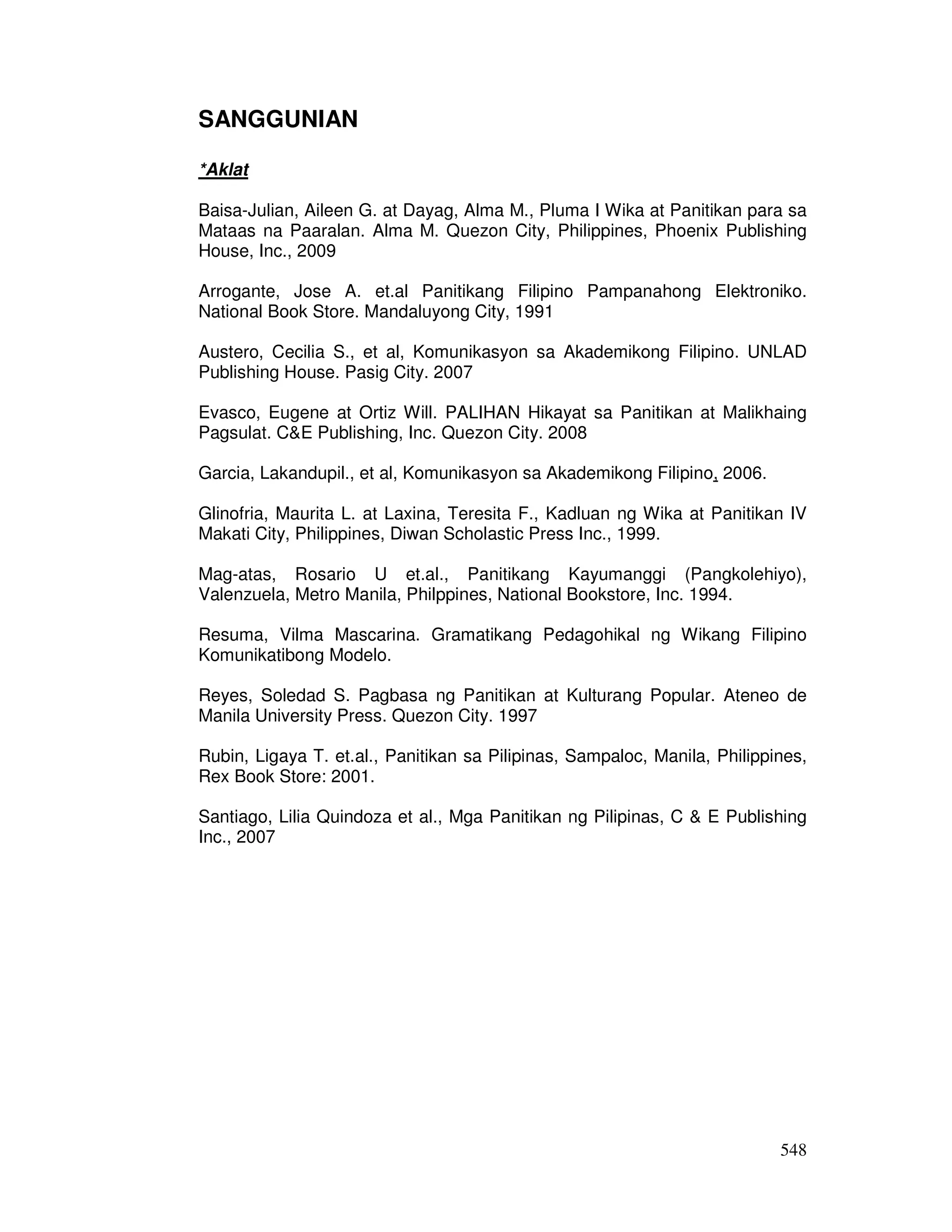 548
SANGGUNIAN
*Aklat
Baisa-Julian, Aileen G. at Dayag, Alma M., Pluma I Wika at Panitikan para sa
Mataas na Paaralan. Alma M. Quezon City, Philippines, Phoenix Publishing
House, Inc., 2009
Arrogante, Jose A. et.al Panitikang Filipino Pampanahong Elektroniko.
National Book Store. Mandaluyong City, 1991
Austero, Cecilia S., et al, Komunikasyon sa Akademikong Filipino. UNLAD
Publishing House. Pasig City. 2007
Evasco, Eugene at Ortiz Will. PALIHAN Hikayat sa Panitikan at Malikhaing
Pagsulat. C&E Publishing, Inc. Quezon City. 2008
Garcia, Lakandupil., et al, Komunikasyon sa Akademikong Filipino, 2006.
Glinofria, Maurita L. at Laxina, Teresita F., Kadluan ng Wika at Panitikan IV
Makati City, Philippines, Diwan Scholastic Press Inc., 1999.
Mag-atas, Rosario U et.al., Panitikang Kayumanggi (Pangkolehiyo),
Valenzuela, Metro Manila, Philppines, National Bookstore, Inc. 1994.
Resuma, Vilma Mascarina. Gramatikang Pedagohikal ng Wikang Filipino
Komunikatibong Modelo.
Reyes, Soledad S. Pagbasa ng Panitikan at Kulturang Popular. Ateneo de
Manila University Press. Quezon City. 1997
Rubin, Ligaya T. et.al., Panitikan sa Pilipinas, Sampaloc, Manila, Philippines,
Rex Book Store: 2001.
Santiago, Lilia Quindoza et al., Mga Panitikan ng Pilipinas, C & E Publishing
Inc., 2007
 