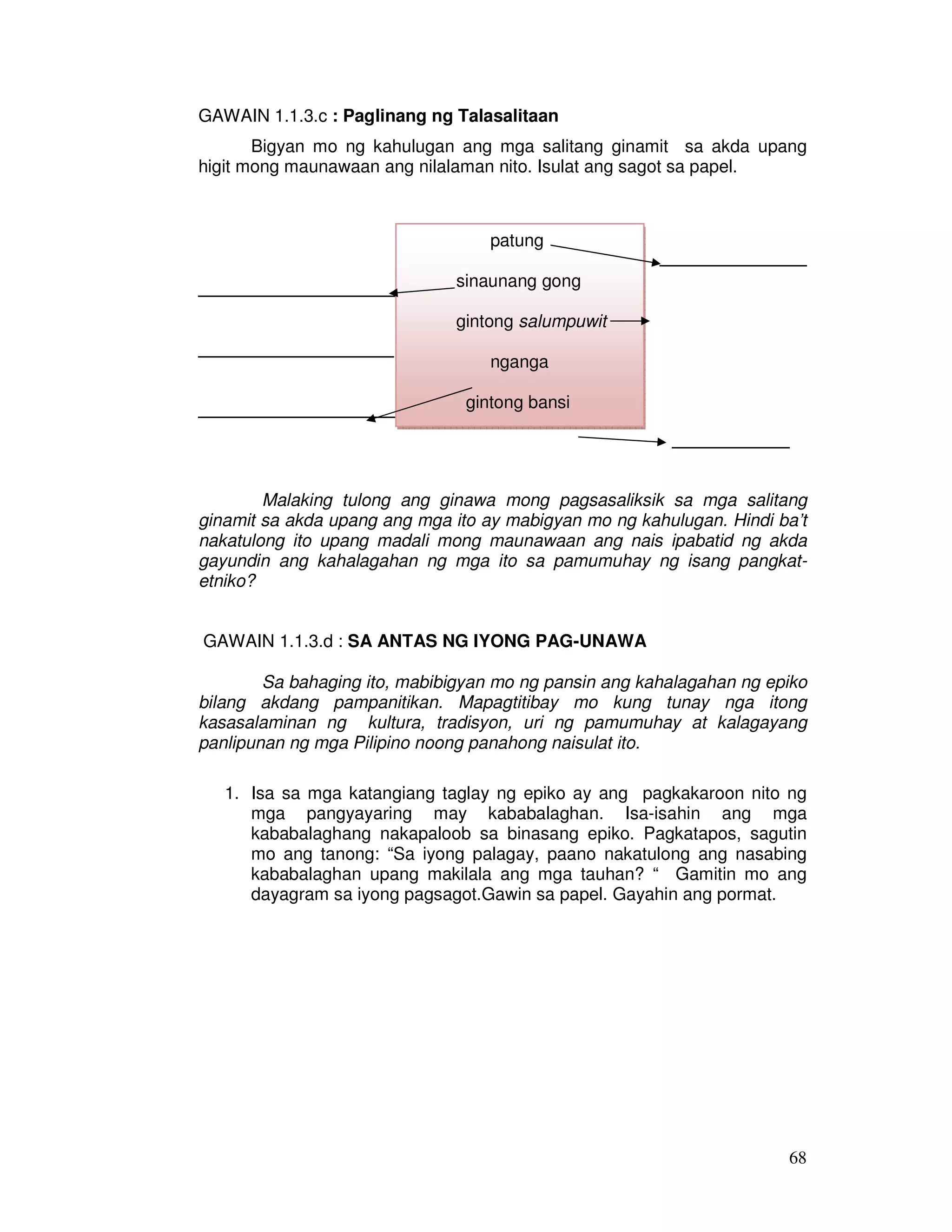 68
GAWAIN 1.1.3.c : Paglinang ng Talasalitaan
Bigyan mo ng kahulugan ang mga salitang ginamit sa akda upang
higit mong maunawaan ang nilalaman nito. Isulat ang sagot sa papel.
_______________
_________________________
____________________
_____________________ _
____________
Malaking tulong ang ginawa mong pagsasaliksik sa mga salitang
ginamit sa akda upang ang mga ito ay mabigyan mo ng kahulugan. Hindi ba’t
nakatulong ito upang madali mong maunawaan ang nais ipabatid ng akda
gayundin ang kahalagahan ng mga ito sa pamumuhay ng isang pangkat-
etniko?
GAWAIN 1.1.3.d : SA ANTAS NG IYONG PAG-UNAWA
Sa bahaging ito, mabibigyan mo ng pansin ang kahalagahan ng epiko
bilang akdang pampanitikan. Mapagtitibay mo kung tunay nga itong
kasasalaminan ng kultura, tradisyon, uri ng pamumuhay at kalagayang
panlipunan ng mga Pilipino noong panahong naisulat ito.
1. Isa sa mga katangiang taglay ng epiko ay ang pagkakaroon nito ng
mga pangyayaring may kababalaghan. Isa-isahin ang mga
kababalaghang nakapaloob sa binasang epiko. Pagkatapos, sagutin
mo ang tanong: “Sa iyong palagay, paano nakatulong ang nasabing
kababalaghan upang makilala ang mga tauhan? “ Gamitin mo ang
dayagram sa iyong pagsagot.Gawin sa papel. Gayahin ang pormat.
patung
sinaunang gong
gintong salumpuwit
nganga
gintong bansi
 