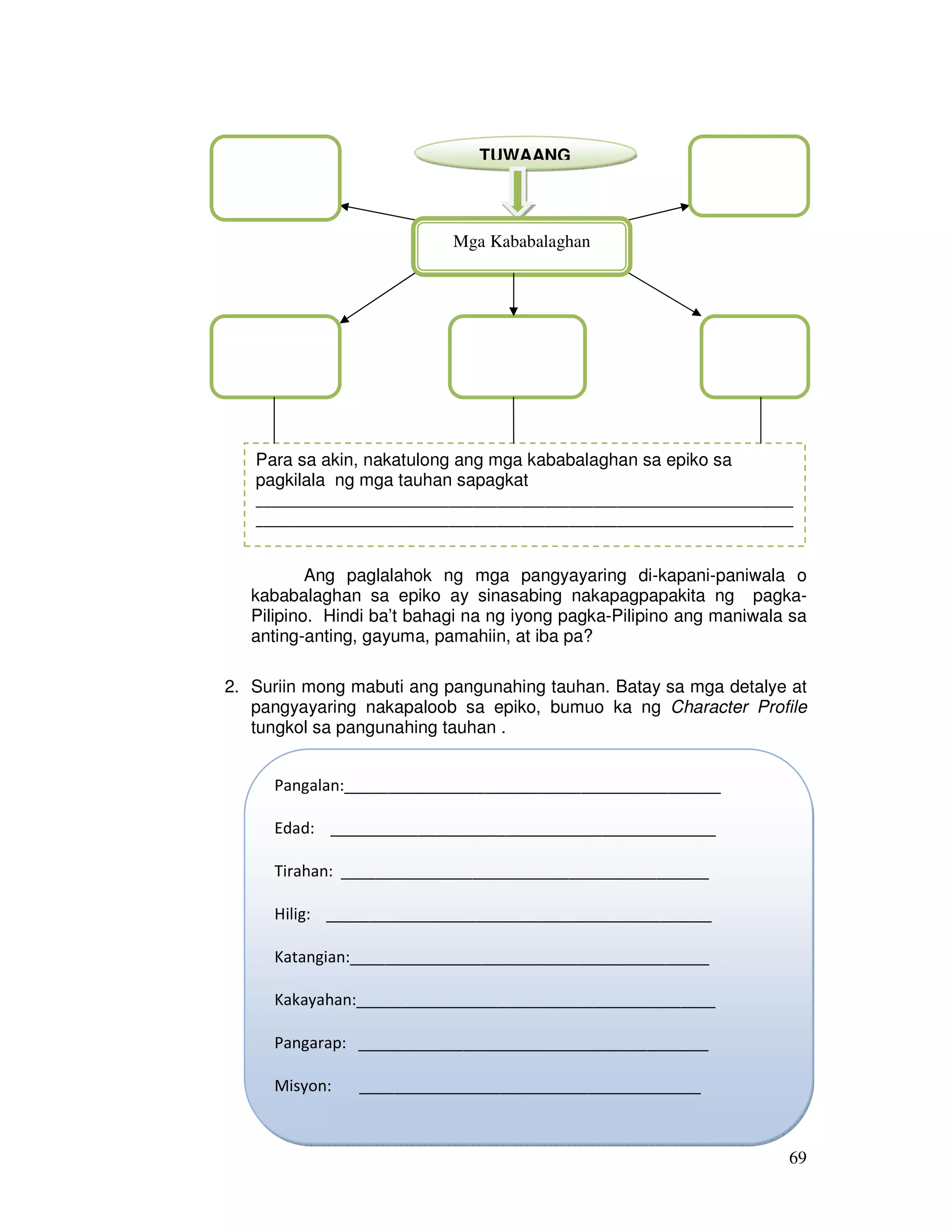 69
Ang paglalahok ng mga pangyayaring di-kapani-paniwala o
kababalaghan sa epiko ay sinasabing nakapagpapakita ng pagka-
Pilipino. Hindi ba’t bahagi na ng iyong pagka-Pilipino ang maniwala sa
anting-anting, gayuma, pamahiin, at iba pa?
2. Suriin mong mabuti ang pangunahing tauhan. Batay sa mga detalye at
pangyayaring nakapaloob sa epiko, bumuo ka ng Character Profile
tungkol sa pangunahing tauhan .
TUWAANG
Mga Kababalaghan
Para sa akin, nakatulong ang mga kababalaghan sa epiko sa
pagkilala ng mga tauhan sapagkat
___________________________________________________________________
___________________________________________________________________
Pangalan:___________________________________________
Edad: ____________________________________________
Tirahan: __________________________________________
Hilig: ____________________________________________
Katangian:_________________________________________
Kakayahan:_________________________________________
Pangarap: ________________________________________
Misyon: _______________________________________
 