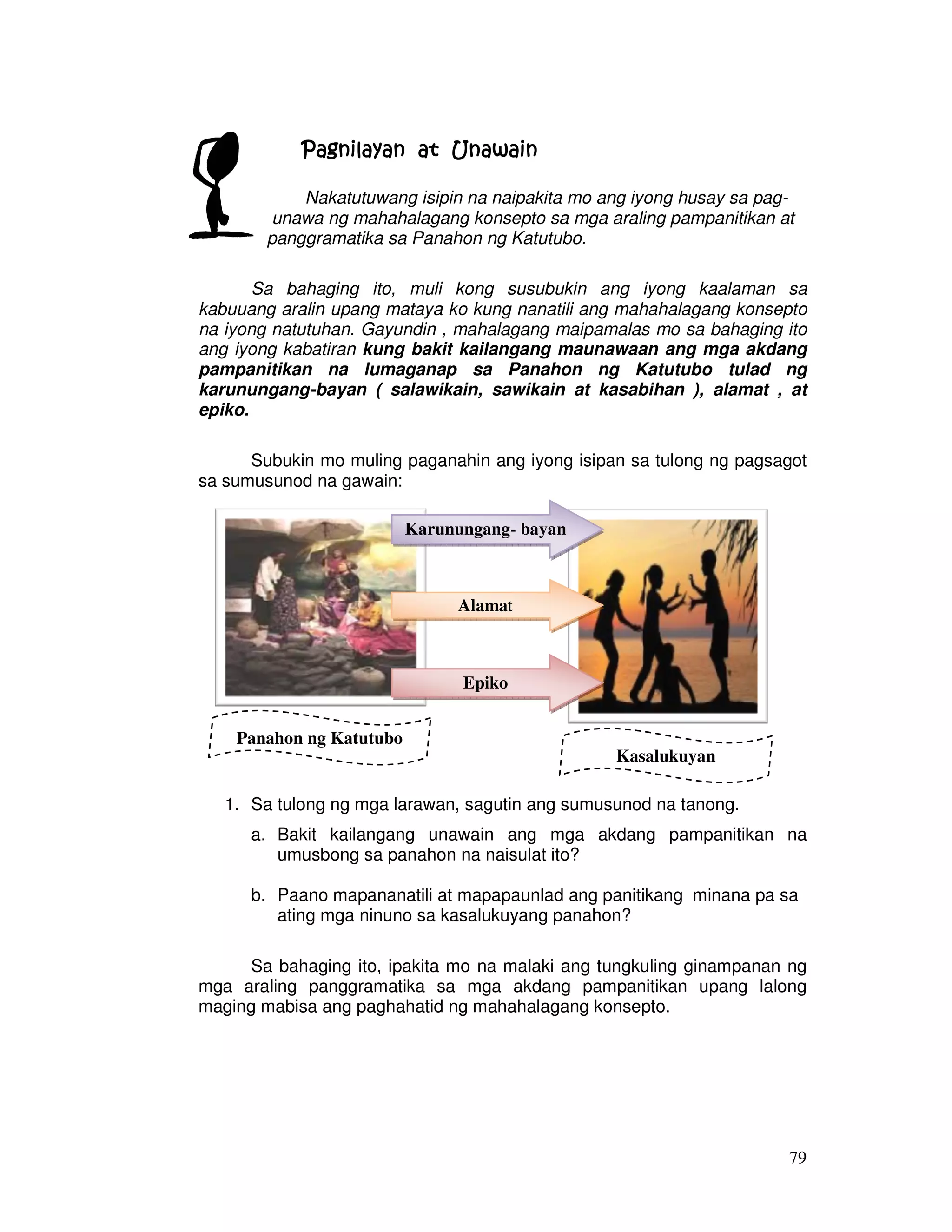 79
Pagnilayan at UnawainPagnilayan at UnawainPagnilayan at UnawainPagnilayan at Unawain
Nakatutuwang isipin na naipakita mo ang iyong husay sa pag-
unawa ng mahahalagang konsepto sa mga araling pampanitikan at
panggramatika sa Panahon ng Katutubo.
Sa bahaging ito, muli kong susubukin ang iyong kaalaman sa
kabuuang aralin upang mataya ko kung nanatili ang mahahalagang konsepto
na iyong natutuhan. Gayundin , mahalagang maipamalas mo sa bahaging ito
ang iyong kabatiran kung bakit kailangang maunawaan ang mga akdang
pampanitikan na lumaganap sa Panahon ng Katutubo tulad ng
karunungang-bayan ( salawikain, sawikain at kasabihan ), alamat , at
epiko.
Subukin mo muling paganahin ang iyong isipan sa tulong ng pagsagot
sa sumusunod na gawain:
1. Sa tulong ng mga larawan, sagutin ang sumusunod na tanong.
a. Bakit kailangang unawain ang mga akdang pampanitikan na
umusbong sa panahon na naisulat ito?
b. Paano mapananatili at mapapaunlad ang panitikang minana pa sa
ating mga ninuno sa kasalukuyang panahon?
Sa bahaging ito, ipakita mo na malaki ang tungkuling ginampanan ng
mga araling panggramatika sa mga akdang pampanitikan upang lalong
maging mabisa ang paghahatid ng mahahalagang konsepto.
Karunungang- bayan
Alamat
Epiko
Panahon ng Katutubo
Kasalukuyan
 