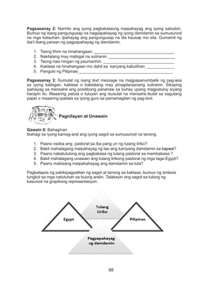 98
Pagsasanay 2: Naririto ang iyong pagkakataong maipahayag ang iyong saloobin.
Bumuo ng isang pangungusap na nagpapahayag ng iyong damdamin sa sumusunod
na mga katauhan. Ipahayag ang pangungusap na tila kausap mo sila. Gumamit ng
iba’t ibang paraan ng pagpapahayag ng damdamin.
1.	 Taong lihim na hinahangaan: ___________________________________
2.	 Nakilalang may mabigat na suliranin: _____________________________
3.	 Taong nais hingan ng paumanhin: _______________________________
4.	 Kaklase na hinahangaan mo dahil sa kanyang kabutihan: ____________
5.	 Pangulo ng Pilipinas:_________________________________________
Pagsasanay 3: Sumulat ng isang text message na magpapanumbalik ng pag-asa
sa iyong kaibigan, kaklase o kakilalang may pinagdaraanang suliranin. Sikaping
ipahayag sa mensahe ang positibong pananaw sa buhay upang magpatuloy siyang
harapin ito. Maaaring patula o tuluyan ang isusulat na mensahe.Isulat sa sagutang
papel o maaaring ipadala sa iyong guro sa pamamagitan ng pag-text.
Pagnilayan at Unawain
Gawain 9: Bahaginan
Ibahagi sa iyong kamag-aral ang iyong sagot sa sumusunod na tanong.
1.	 Paano naiiba ang pastoral sa iba pang uri ng tulang liriko?
2.	 Bakit mahalagang maipahayag ng tao ang kaniyang damdamin sa kapwa?
3.	 Paano nakatutulong ang pagbabasa ng tulang pastoral sa mambabasa ?
4.	 Bakit mahalagang unawain ang tulang lirikong pastoral ng mga taga-Egypt?
5.	 Paano mabisang maipahahayag ang damdamin sa tula?
Pagkatapos ng pakikipagpalitan ng sagot at tanong sa kaklase, bumuo ng sintesis
tungkol sa mga natutuhan sa buong aralin. Talakayin ang sagot sa tulong ng
kasunod na grapikong representasyon.
 