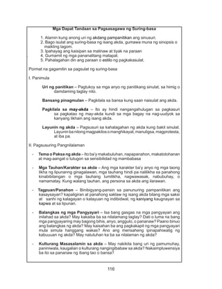 116
Mga Dapat Tandaan sa Pagsasagawa ng Suring-basa
	 1. Alamin kung anong uri ng akdang pampanitikan ang sinusuri.
	 2. Bago isulat ang suring-basa ng isang akda, gumawa muna ng sinopsis o
maikling lagom.
	 3. Ipahayag ang kaisipan sa malinaw at tiyak na paraan
. 	 4. Gumamit ng mga pananalitang matapat.
	 5. Pahalagahan din ang paraan o estilo ng pagkakasulat.
Pormat na gagamitin sa pagsulat ng suring-basa
I. Panimula
Uri ng panitikan – Pagtukoy sa mga anyo ng panitikang sinulat, sa himig o
damdaming taglay nito.
Bansang pinagmulan – Pagkilala sa bansa kung saan naisulat ang akda.
Pagkilala sa may-akda – Ito ay hindi nangangahulugan sa pagkasuri
sa pagkatao ng may-akda kundi sa mga bagay na nag-uudyok sa
kanyang likhain ang isang akda.
Layunin ng akda – Pagsusuri sa kahalagahan ng akda kung bakit sinulat.
Layuninbanitongmagpakilosomanghikayat,manuligsa,magprotesta,
at iba pa.
II. Pagsusuring Pangnilalaman
- Tema o Paksa ng akda – Ito ba’y makabuluhan, napapanahon, makatotohanan
at mag-aangat o tutugon sa sensibilidad ng mambabasa
-	 Mga Tauhan/Karakter sa akda – Ang mga karakter ba’y anyo ng mga taong
likha ng lipunanng ginagalawan, mga tauhang hindi pa nalilikha sa panahong
kinabibilangan o mga tauhang lumilikha, nagwawasak, nabubuhay, o
namamatay. Kung walang tauhan, ang persona sa akda ang ilarawan.
- Tagpuan/Panahon – Binibigyang-pansin sa panunuring pampanitikan ang
kasaysayan? kapaligiran at panahong saklaw ng isang akda bilang mga saksi
at sanhi ng kalagayan o katayuan ng indibidwal, ng kaniyang kaugnayan sa
kapwa at sa lipunan.
-	 Balangkas ng mga Pangyayari – Isa bang gasgas na mga pangyayari ang
inilahad sa akda? May kakaiba ba sa nilalamang taglay? Dati o luma na bang
mga pangyayaring may bagong bihis, anyo, anggulo, o pananaw? Paano binuo
ang balangkas ng akda? May kaisahan ba ang pagkakapit ng mga pangyayari
mula simula hanggang wakas? Ano ang mensaheng ipinapahiwatig ng
kabuuuan ng akda? May natutuhan ka ba sa nilalaman ng akda?
-	 Kulturang Masasalamin sa akda – May nakikita bang uri ng pamumuhay,
paniniwala, kaugalian o kulturang nangingibabaw sa akda? Nakaimpluwensiya
ba ito sa pananaw ng ibang tao o bansa?
 