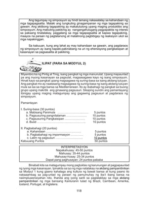 118
ILIPAT (PARA SA MODYUL 2)
Binabati kita sa matagumpay mong pagtuklas ng karunungan at pagpapaunlad
ng iyong mga kasanayan. Ipinakita sa iyo ng mga natalakay na akdang pampanitinikan
sa Modyul 1 kung gaano kahalaga ang kultura ng bawat bansa at kung paano ito
nakaaambag sa pag-unlad ng paraan ng pamumuhay ng iba’t ibang bansa na
naiimpluwensiyahan nito. Ihanda ang iyong sarili sa paglalakbay sa mga akdang
pampanitnikan ng mga bansang Kanluranin tulad ng Brazil, Carribean, Amerika,
Iceland, Portugal, at Inglatera.
	 Ang tagumpay ng simposyum ay hindi lamang nakasalalay sa kahandaan ng
mga tagapagsalita. Malaki ang tungkuling ginagampanan ng mga tagapakinig sa
gawain. Ang aktibong tagapakinig ay makatutulong upang maging produktibo ang
simposyum. Ang mabuting pakikinig ay nangangahulugang pagpapakita ng interes
sa paksang tinatalakay, paggalang sa mga tagapagsalita at kapwa tagapakinig,
maayos na paraan ng pagtatanong at matalinong pagbibigay ng reaksiyon ukol sa
mga napakinggan.
	 Sa kabuuan, kung ang lahat ay may kahandaan sa gawain, ang pagdaraos
ng simposyum ay isang kapaki-pakinabang na uri ng ehersisyong pangkaisipan at
kasanayan sa pagsasalita at pakikinig.
Miyembro ka ng Pintig at Tinig, isang pangkat ng mga manunulat. Upang mapaunlad
pa ang inyong kasanayan sa pagsulat, magsasagawa kayo ng isang simposyum.
Hinati kayo sa pangkat upang magsagawa ng suring-basa sa isang akdang tuluyan.
Ang pangkat mo ay naatasang magsagawa ng suring-basa ng isang akdang tuluyan
mula sa isa sa mga bansa sa Mediterranean. Ito ay ibabahagi ng pangkat sa buong
grupo upang makritik ang ginawang pagsusuri. Sikaping sundin ang pamantayang
ibinigay upang maging matagumpay ang gagawing pagsusuri at pagdaraos ng
simposyum.
Pamantayan
I. Suring-basa (30 puntos)
a. Mabisang Panimula ……………………..…… 5 puntos
b. Pagsusuring pangnilalaman ………………… 10 puntos
c. Pagsusuring Pangkaisipan ………………… 10 puntos
d. Buod ………………………………………….. 10 puntos
II. Pagbabahagi (20 puntos)
a. Kahandaan ……………………………… 5 puntos
b. Pagbabahagi ng impormasyon …………. 5 puntos
c. Lalim ng pagsusuri ………………………. 10 puntos
Kabuuang Puntos 50 puntos
INTERPRETASYON
Napakahusay: 45-50 puntos
Mahusay: 35-44 puntos
Mahusay-husay: 25-34 puntos
Dapat pang paghusayan: 24 puntos-pababa
 