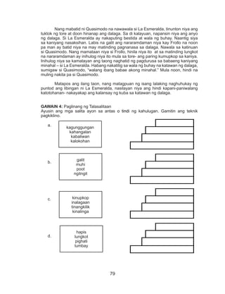 79
	 Nang mabatid ni Quasimodo na nawawala si La Esmeralda, tinunton niya ang
tuktok ng tore at doon hinanap ang dalaga. Sa di kalayuan, napansin niya ang anyo
ng dalaga. Si La Esmeralda ay nakaputing bestida at wala ng buhay. Naantig siya
sa kaniyang nasaksihan. Labis na galit ang nararamdaman niya kay Frollo na noon
pa man ay batid niya na may matinding pagnanasa sa dalaga. Nawala sa katinuan
si Quasimodo. Nang mamataan niya si Frollo, hinila niya ito at sa matinding lungkot
na nararamdaman ay inihulog niya ito mula sa tore- ang paring kumupkop sa kaniya.
Inihulog niya sa kamatayan ang taong naghatid ng pagdurusa sa babaeng kaniyang
minahal – si La Esmeralda. Habang nakatitig sa wala ng buhay na katawan ng dalaga,
sumigaw si Quasimodo, “walang ibang babae akong minahal.” Mula noon, hindi na
muling nakita pa si Quasimodo.
	 Matapos ang ilang taon, nang matagpuan ng isang lalaking naghuhukay ng
puntod ang libingan ni La Esmeralda, nasilayan niya ang hindi kapani-paniwalang
katotohanan- nakayakap ang kalansay ng kuba sa katawan ng dalaga.
GAWAIN 4: Paglinang ng Talasalitaan
Ayusin ang mga salita ayon sa antas o tindi ng kahulugan. Gamitin ang teknik
pagkiklino.
a.	 					
b.	 					
c.	 					
d.	
kagunggungan
kahangalan
kabaliwan
kalokohan
galit
muhi
poot
ngitngit
kinupkop
inalagaan
tinangkilik
kinalinga
hapis
lungkot
pighati
lumbay
 