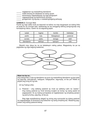 87
_____ naglalaman ng masisidhing damdamin
_____ maikli lamang at nababasa sa isang upuan
_____ karaniwang nagsasalaysay ng mga pangyayari
_____ nagpapahayag ng katotohanan lamang
_____ ginagamitan ng tayutay o matatalinghagang pahayag
GAWAIN 2: Concept Web
Pumili ng mga salita mula sa kasunod na kahon na may kaugnayan sa tulang liriko
at isulat ito sa concept web. Ipaliwanag sa isa hanggang tatlong pangungusap ang
konseptong nabuo. Gawin ito sa sagutang papel.
sukat tugma korido trahedya
awitin tula Balagtasan pastoral
soneto epiko tanaga dalit
damdamin elehiya opinyon oda
	 Marahil may ideya ka na sa tatalakayin nating paksa. Magpatuloy ka pa sa
pagtuklas ng mga bagong kaalaman.
Tulang liriko
Alam mo ba na...
ang tulang liriko o tula ng damdamin ay puno ng masisidhing damdamin ng tao tulad
ng pag-ibig, kalungkutan, kabiguan, kaligayahan, tagumpay, at iba pa? Maikli at
payak ang uring ito ng tula.
Uri ng Tulang Liriko:
a.	 Pastoral – ang salitang pastoral ay mula sa salitang Latin na “pastor.”
Ang tulang pastoral ay hindi lamang tungkol sa buhay ng isang pastol at
pagpapastol. Ito ay tulang pumapaksa at naglalarawan ng simpleng paraan
ng pamumuhay, pag-ibig, at iba pa.
	
	 Ang mga sopistikadong alagad ng sining ang sumusulat ng tulang pastoral
na nagpapalagay at dinarama ang katauhan ng isang simpleng tao. Maaaring pag-
aralan ang tulang pastoral bilang:
 