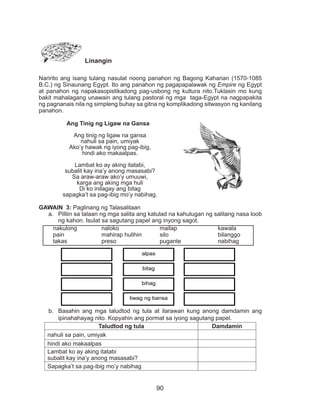 90
Linangin
Naririto ang isang tulang nasulat noong panahon ng Bagong Kaharian (1570-1085
B.C.) ng Sinaunang Egypt. Ito ang panahon ng pagapapalawak ng Empire ng Egypt
at panahon ng napakasopistikadong pag-usbong ng kultura nito.Tuklasin mo kung
bakit mahalagang unawain ang tulang pastoral ng mga taga-Egypt na nagpapakita
ng pagnanais nila ng simpleng buhay sa gitna ng komplikadong sitwasyon ng kanilang
panahon.
Ang Tinig ng Ligaw na Gansa
Ang tinig ng ligaw na gansa
nahuli sa pain, umiyak
Ako’y hawak ng iyong pag-ibig,
hindi ako makaalpas.
Lambat ko ay aking itatabi,
subalit kay ina’y anong masasabi?
Sa araw-araw ako’y umuuwi,
karga ang aking mga huli
Di ko inilagay ang bitag
sapagka’t sa pag-ibig mo’y nabihag.
GAWAIN 3: Paglinang ng Talasalitaan
a.	 Pilliin sa talaan ng mga salita ang katulad na kahulugan ng salitang nasa loob
ng kahon. Isulat sa sagutang papel ang inyong sagot.
b.	 Basahin ang mga taludtod ng tula at ilarawan kung anong damdamin ang
ipinahahayag nito. Kopyahin ang pormat sa iyong sagutang papel.
Taludtod ng tula Damdamin
nahuli sa pain, umiyak
hindi ako makaalpas
Lambat ko ay aking itatabi
subalit kay ina’y anong masasabi?
Sapagka’t sa pag-ibig mo’y nabihag
alpas
bitag
bihag
liwag ng bansa
nakulong		naloko			mailap			kawala
pain		mahirap hulihin	silo			bilanggo
takas		preso			pugante		nabihag
 
