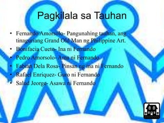 Pagkilala sa Tauhan 
• Fernando Amorsolo- Pangunahing tauhan, ang 
tinaguriang Grand Old Man ng Philippine Art. 
• Bonifacia Cueto- Ina ni Fernando 
• Pedro Amorsolo- Ama ni Fernando 
• Fabian Dela Rosa- Pinsan ng ina ni Fernando 
• Rafael Enriquez- Guro ni Fernando 
• Salud Jeorge- Asawa ni Fernando 
 