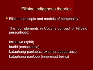 Filipino indigenous theories

   Filipino concepts and models of personality

    The four elements in Covar’s concept of...