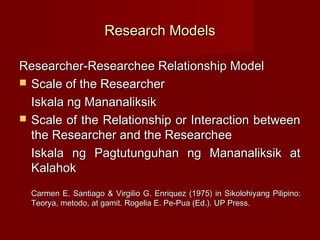 Research Models

Researcher-Researchee Relationship Model
 Scale of the Researcher

  Iskala ng Mananaliksik
 Scale of t...