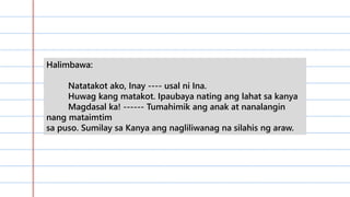 …………………………………………………
………………………………………..0……
…………………………………………………
…………………………………………………
………………………………….
Halimbawa:
Natatakot ako, Inay ---- usal ni Ina.
Huwag kang matakot. Ipaubaya nating ang lahat sa kanya
Magdasal ka! ------ Tumahimik ang anak at nanalangin
nang mataimtim
sa puso. Sumilay sa Kanya ang nagliliwanag na silahis ng araw.
 