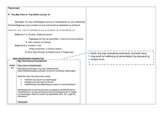 Pagsalungat.

III. Ang Mga Aralin at Ang Saklaw ng mga Ito

Masasagot mo ang mahahalagang tanong at maisasagawa mo ang Inaasahang
Produkto/Pagganap kung uunawain mo ang sumusunod na nakapaloob sa araling ito:
ARALIN 2.3: ANG PANITIKAN SA PANAHON NG KASARINLAN

Aralin 2.3.1 a. Panitikan: Maikling Kuwento
“Paglalayag sa Puso ng Isang Bata” ni Genoveva Edroza-Matute
b. Wika: Aspekto ng Pandiwa
Aralin 2.3.2. a. Panitikan: Dula
“Sinag sa Karimlan” ni Dionisio Salazar
b. Wika: Mga Pahayag ng Pagsang-ayon at Pagsalungat

IV.

MGA INAASAHANG KASANAYAN
Mga Kasanayang Pampagkatuto
Aralin
2.3

Pag-unawa sa Napakinggan
Nabibigyang kahulugan ang mga makabuluhang
salita/matatalinghagang pahayag na ginamit sa akdang napakinggan
Nakikinig nang may pag-unawa upang:




mailahad ang layunin ng napakinggan
masagot ang mga tiyak na tanong
maipaliwanag ang pagkakaugnay-ugnay na mga pangyayari

Nakapaglalahad ng sariling pananaw sa pagiging makatotohanan/dimakatotohanan ng mga punto/argumentong binibigyang-diin o halaga
ng napakinggan batay sa paraan ng pagsasalita (tono, diin, paghinto,
intonasyon)
Pagsasalita

Narito ang mga inaasahang kasanayan ng bawat isang
mag-aaral na malilinang sa pamamagitan ng pag-aaral ng
modyul na ito.

 