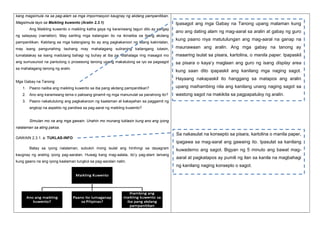 kang magsimula na sa pag-alam sa mga impormasyon kaugnay ng akdang pampanitikan.
Magsimula tayo sa Maikling kuwento (Aralin 2.3.1)
Ang Maikling kuwento o maikling katha gaya ng karaniwang taguri dito ay sangay
ng salaysay (narration). May sariling mga katangian ito na ikinaiiba sa ibang akdang
pampanitikan. Kabilang sa mga katangiang ito ay ang pagkakaroon ng iisang kakintalan,

Ipasagot ang mga Gabay na Tanong upang malaman kung
ano ang dating alam ng mag-aaral sa aralin at gabay ng guro
kung paano niya matutulungan ang mag-aaral na ganap na

may isang pangunahing tauhang may mahalagang suliraning kailangang lutasin,

maunawaan ang aralin. Ang mga gabay na tanong ay

tumatalakay sa isang madulang bahagi ng buhay at iba pa. Mahalaga ring masagot mo

maaaring isulat sa pisara, kartolina, o manila paper. Ipapaskil

ang sumusunod na pantulong o prosesong tanong upang makatulong sa iyo sa pagsagot

sa pisara o kaya’y maglaan ang guro ng isang display area

sa mahalagang tanong ng aralin.

Mga Gabay na Tanong

kung saan dito ipapaskil ang kanilang mga naging sagot.
Hayaang nakapaskil ito hanggang sa matapos ang aralin

1. Paano naiiba ang maikling kuwento sa iba pang akdang pampanitikan?

upang maihambing nila ang kanilang unang naging sagot sa

2. Ano ang karaniwang tema o paksang ginamit ng mga manunulat sa panahong ito?

wastong sagot na makikita sa pagpapatuloy ng aralin.

3. Paano nakatutulong ang pagkakaroon ng kaalaman at kakayahan sa paggamit ng
angkop na aspekto ng pandiwa sa pag-aaral ng maikling kuwento?

Simulan mo na ang mga gawain. Unahin mo munang tuklasin kung ano ang iyong
nalalaman sa ating paksa.
GAWAIN 2.3.1. a: TUKLAS-INFO

Sa nakasulat na konsepto sa pisara, kartolina o manila paper,
ipagawa sa mag-aaral ang gawaing ito. Ipasulat sa kanilang

Batay sa iyong nalalaman, subukin mong isulat ang hinihingi sa dayagram
kaugnay ng araling iyong pag-aaralan. Huwag kang mag-aalala, ito’y pag-alam lamang
kung gaano na ang iyong kaalaman tungkol sa pag-aaralan natin.

kuwaderno ang sagot. Bigyan ng 5 minuto ang bawat magaaral at pagkatapos ay pumili ng ilan sa kanila na magbahagi
ng kanilang naging konsepto o sagot.

 