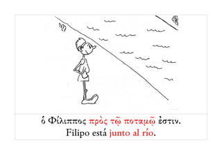 ὁ Φίλιππος πρὸς τῷ ποταμῷ ἐστιν.
      Filipo está junto al río.
 