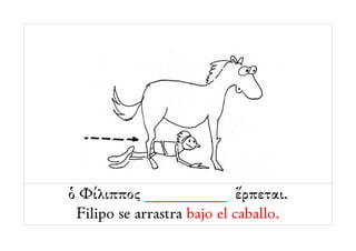 ὁ Φίλιππος __________ ἕρπεται.
 Filipo se arrastra bajo el caballo.
 