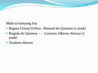 Mula sa kanyang Ina
 Regina Ursua/Ochoa– Manuel de Quintos (2 anak)
 Brigida de Quintos - - Lorenzo Alberto Alonzo (7
  anak)
 Teodora Alonzo
 