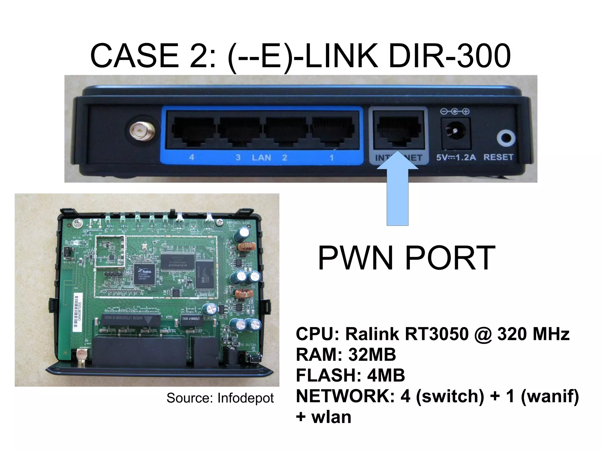 CASE 2: (--E)-LINK DIR-300




                          PWN PORT

                        CPU: Ralink RT3050 @ 320 MHz
                        RAM: 32MB
                        FLASH: 4MB
    Source: Infodepot   NETWORK: 4 (switch) + 1 (wanif)
                        + wlan
 