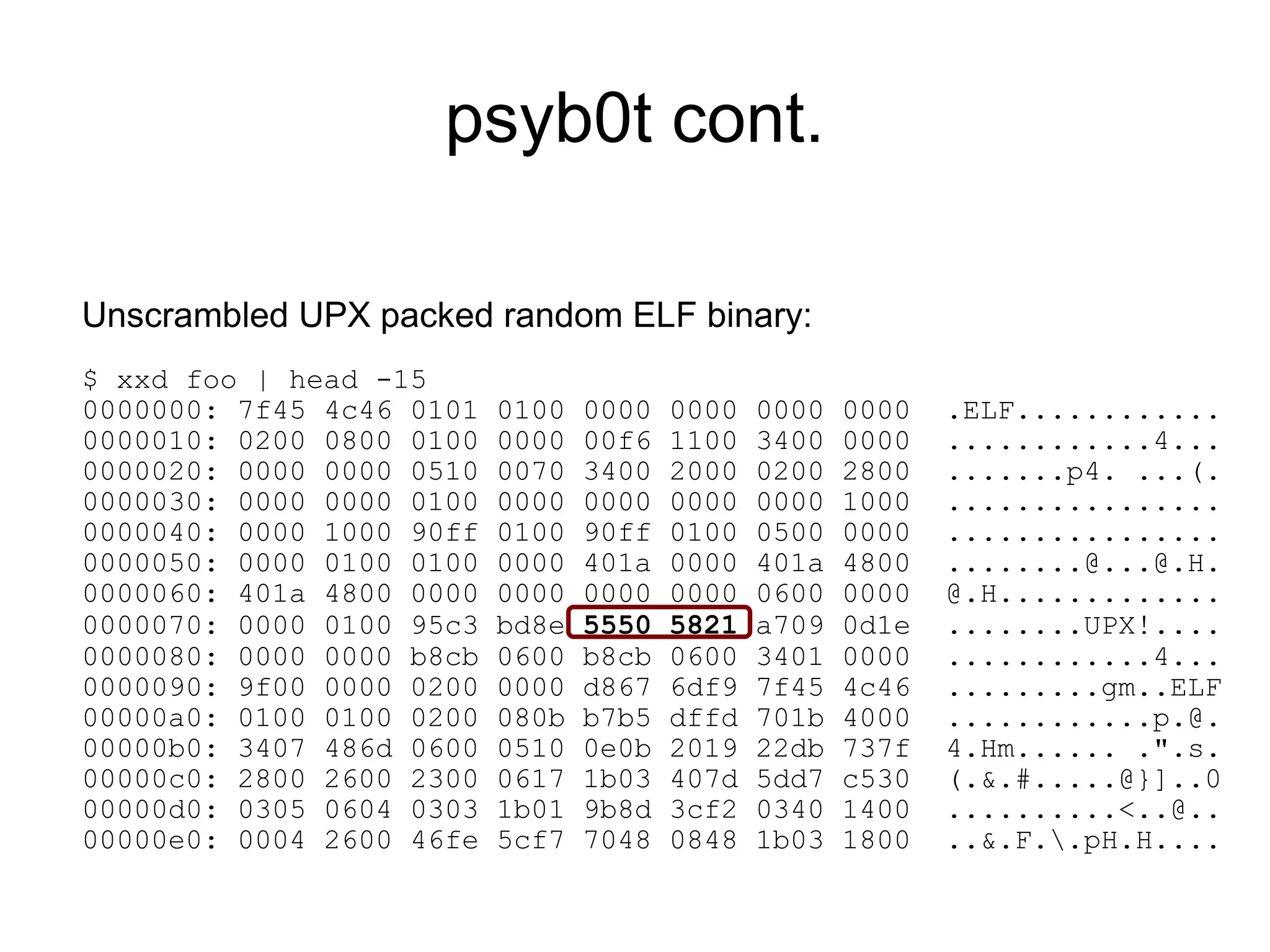 psyb0t cont.

Unscrambled UPX packed random ELF binary:
$ xxd foo | head -15
0000000: 7f45 4c46 0101   0100   0000   0000   0000   0000   .ELF............
0000010: 0200 0800 0100   0000   00f6   1100   3400   0000   ............4...
0000020: 0000 0000 0510   0070   3400   2000   0200   2800   .......p4. ...(.
0000030: 0000 0000 0100   0000   0000   0000   0000   1000   ................
0000040: 0000 1000 90ff   0100   90ff   0100   0500   0000   ................
0000050: 0000 0100 0100   0000   401a   0000   401a   4800   ........@...@.H.
0000060: 401a 4800 0000   0000   0000   0000   0600   0000   @.H.............
0000070: 0000 0100 95c3   bd8e   5550   5821   a709   0d1e   ........UPX!....
0000080: 0000 0000 b8cb   0600   b8cb   0600   3401   0000   ............4...
0000090: 9f00 0000 0200   0000   d867   6df9   7f45   4c46   .........gm..ELF
00000a0: 0100 0100 0200   080b   b7b5   dffd   701b   4000   ............p.@.
00000b0: 3407 486d 0600   0510   0e0b   2019   22db   737f   4.Hm...... .".s.
00000c0: 2800 2600 2300   0617   1b03   407d   5dd7   c530   (.&.#.....@}]..0
00000d0: 0305 0604 0303   1b01   9b8d   3cf2   0340   1400   ..........<..@..
00000e0: 0004 2600 46fe   5cf7   7048   0848   1b03   1800   ..&.F..pH.H....
 