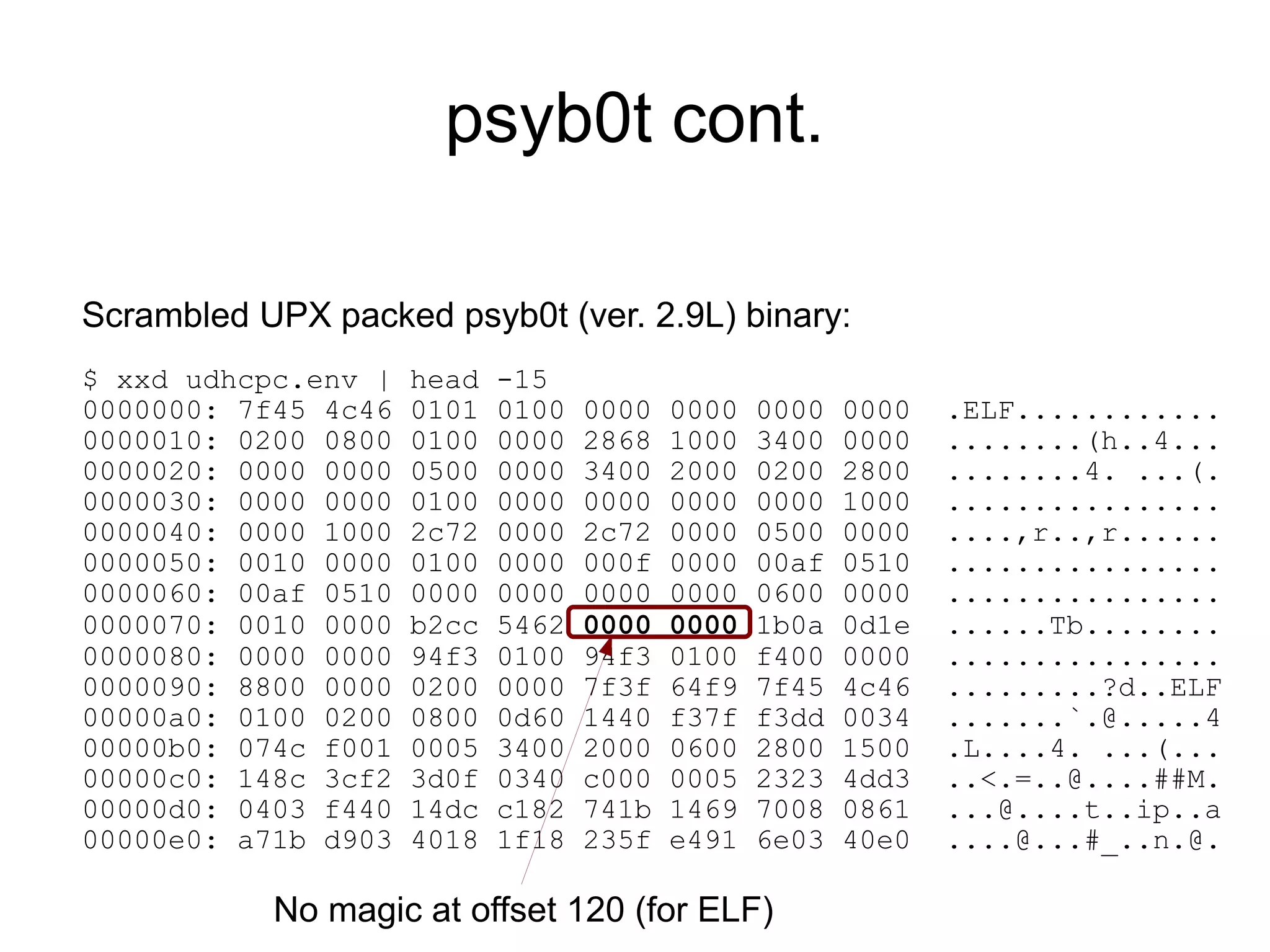 psyb0t cont.

Scrambled UPX packed psyb0t (ver. 2.9L) binary:
$ xxd udhcpc.env |   head   -15
0000000: 7f45 4c46   0101   0100   0000   0000   0000   0000   .ELF............
0000010: 0200 0800   0100   0000   2868   1000   3400   0000   ........(h..4...
0000020: 0000 0000   0500   0000   3400   2000   0200   2800   ........4. ...(.
0000030: 0000 0000   0100   0000   0000   0000   0000   1000   ................
0000040: 0000 1000   2c72   0000   2c72   0000   0500   0000   ....,r..,r......
0000050: 0010 0000   0100   0000   000f   0000   00af   0510   ................
0000060: 00af 0510   0000   0000   0000   0000   0600   0000   ................
0000070: 0010 0000   b2cc   5462   0000   0000   1b0a   0d1e   ......Tb........
0000080: 0000 0000   94f3   0100   94f3   0100   f400   0000   ................
0000090: 8800 0000   0200   0000   7f3f   64f9   7f45   4c46   .........?d..ELF
00000a0: 0100 0200   0800   0d60   1440   f37f   f3dd   0034   .......`.@.....4
00000b0: 074c f001   0005   3400   2000   0600   2800   1500   .L....4. ...(...
00000c0: 148c 3cf2   3d0f   0340   c000   0005   2323   4dd3   ..<.=..@....##M.
00000d0: 0403 f440   14dc   c182   741b   1469   7008   0861   ...@....t..ip..a
00000e0: a71b d903   4018   1f18   235f   e491   6e03   40e0   ....@...#_..n.@.

           No magic at offset 120 (for ELF)
 