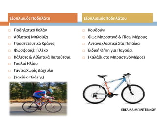 ΕΞΟΠΛΙΣΜΟΣ ΠΟΔΗΛΑΤΗ
Εξοπλισμός Ποδηλάτη
Εξοπλισμός Ποδηλάτου
Ποδθλατικό κολάν
 Ποδθλατικό Κολάν
 Κουδοφνι
Ακλθτικι μπλοφηα
 Ακλθτικι Μπλοφηα
 Φωσ Μπροςτινό & Πίςω Μζρουσ
Προςτατευτικό κράνοσ
 Προςτατευτικό Κράνοσ
 Αντανακλαςτικά Στα Πετάλια
Φωςφοριηζ γιλζκο
 Φωςφοριηζ Γιλζκο
 Ειδικι Θικθ για Παγοφρι
Κάλτςεσ και ακλθτικά παποφτςια
 Κάλτςεσ & Ακλθτικά Παποφτςια
 (Καλάκι ςτο Μπροςτινό Μζροσ)
Γυαλιά θλίου
 Γυαλιά Ηλίου
 Γάντια Χωρίσ Δάχτυλα
 Γάντια χωρίσ δάχτυλα
 (Σακίδιο Πλάτθσ)
 (Σακίδιο πλάτθσ)


Εβελίνα Μπιντεβίνου
ΕΒΕΛΙΝΑ ΜΠΙΝΤΕΒΙΝΟΥ

 