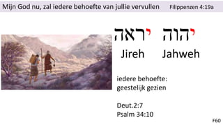F60
Mijn God nu, zal iedere behoefte van jullie vervullen Filippenzen 4:19a
iedere behoefte:
geestelijk gezien
Deut.2:7
Ps...
