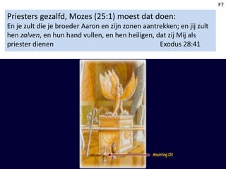 Priesters gezalfd, Mozes (25:1) moest dat doen:
En je zult die je broeder Aaron en zijn zonen aantrekken; en jij zult
hen zalven, en hun hand vullen, en hen heiligen, dat zij Mij als
priester dienen Exodus 28:41
F7
 