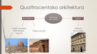Quattrocentoko arkitektura
Autoreak
eta obrak
Brunelleschi Alberti
Santa mariako
dei fioreko
kupula
Palaccio pitti
Palacio
Rouccelai
 