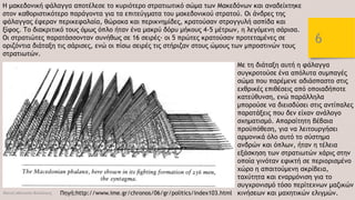 Φατσή Αθανασία Φιλόλογος
6
Η μακεδονική φάλαγγα αποτέλεσε το κυριότερο στρατιωτικό σώμα των Μακεδόνων και αναδείχτηκε
στον καθοριστικότερο παράγοντα για τα επιτεύγματα του μακεδονικού στρατού. Οι άνδρες της
φάλαγγας έφεραν περικεφαλαία, θώρακα και περικνημίδες, κρατούσαν στρογγυλή ασπίδα και
ξίφος. Το διακριτικό τους όμως όπλο ήταν ένα μακρύ δόρυ μήκους 4-5 μέτρων, η λεγόμενη σάρισα.
Οι στρατιώτες παρατάσσονταν συνήθως σε 16 σειρές· οι 5 πρώτες κρατούσαν προτεταμένες σε
οριζόντια διάταξη τις σάρισες, ενώ οι πίσω σειρές τις στήριζαν στους ώμους των μπροστινών τους
στρατιωτών.
Με τη διάταξη αυτή η φάλαγγα
συγκροτούσε ένα απόλυτα συμπαγές
σώμα που παρέμενε αδιάσπαστο στις
εχθρικές επιθέσεις από οποιαδήποτε
κατεύθυνση, ενώ παράλληλα
μπορούσε να διεισδύσει στις αντίπαλες
παρατάξεις που δεν είχαν ανάλογο
σχηματισμό. Απαραίτητη βέβαια
προϋπόθεση, για να λειτουργήσει
αρμονικά όλο αυτό το σύστημα
ανδρών και όπλων, ήταν η τέλεια
εξάσκηση των στρατιωτών χάρις στην
οποία γινόταν εφικτή σε περιορισμένο
χώρο η απαιτούμενη ακρίβεια,
ταχύτητα και εναρμόνιση για το
συγχρονισμό τόσο περίτεχνων μαζικών
κινήσεων και μαχητικών ελιγμών.
Πηγή:http://www.ime.gr/chronos/06/gr/politics/index103.html
 